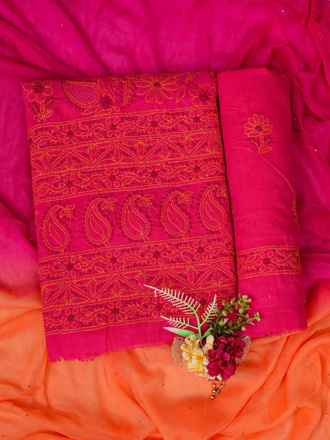 Ada Hand Embroidered Magenta Cotton Lucknowi Chikankari Unstitched Suit Piece 01A736053