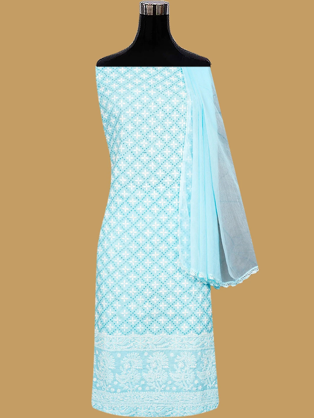 Ada Hand Embroidered Sky Blue Cotton Lucknowi Chikankari Unstitched Suit Piece 01A784904