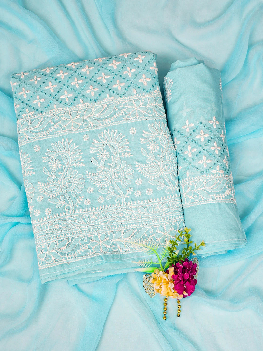 Ada Hand Embroidered Sky Blue Cotton Lucknowi Chikankari Unstitched Suit Piece 01A784904