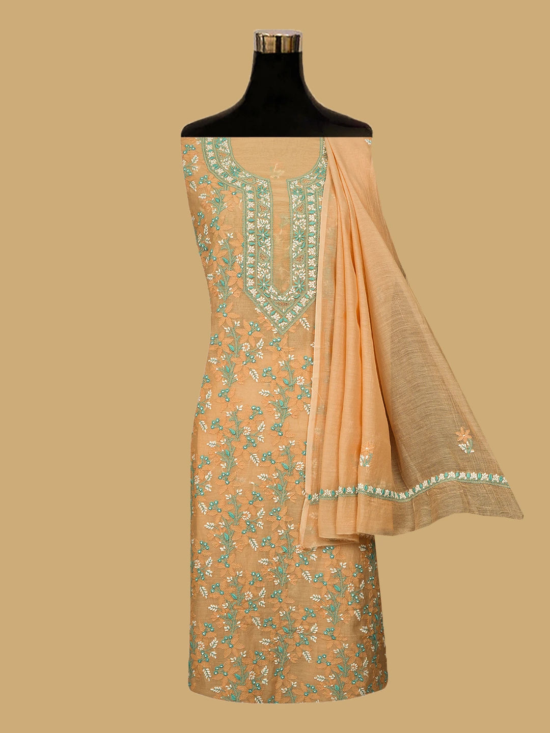 Ada Hand Embroidered Peach Chanderi Lucknowi Chikankari Unstitched Kurta Dupatta Set 01A722351
