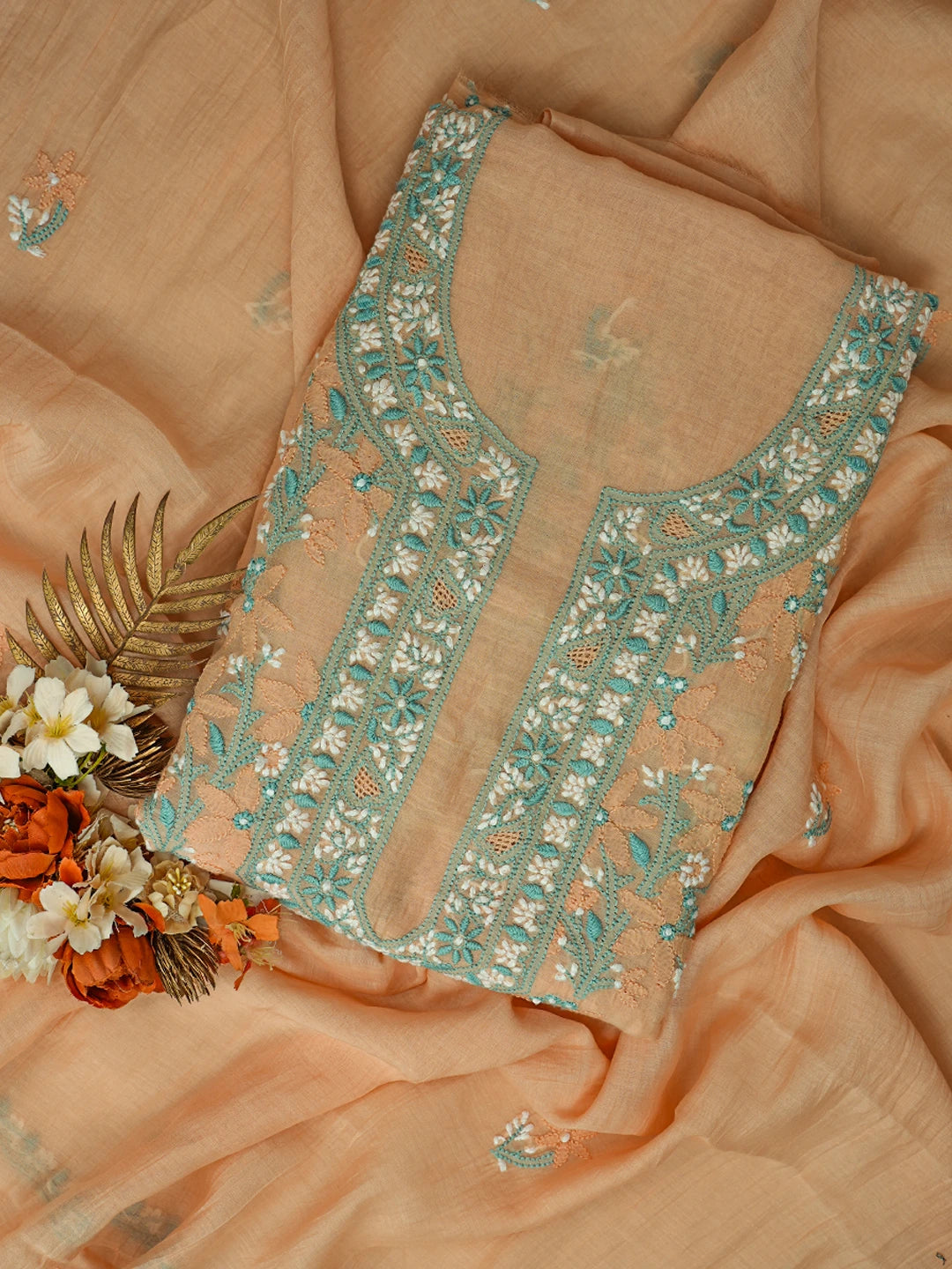 Ada Hand Embroidered Peach Chanderi Lucknowi Chikankari Unstitched Kurta Dupatta Set 01A722351