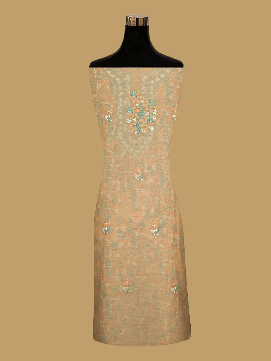 Ada Hand Embroidered Peach Chanderi Lucknowi Chikankari Unstitched Kurta Dupatta Set 01A722351
