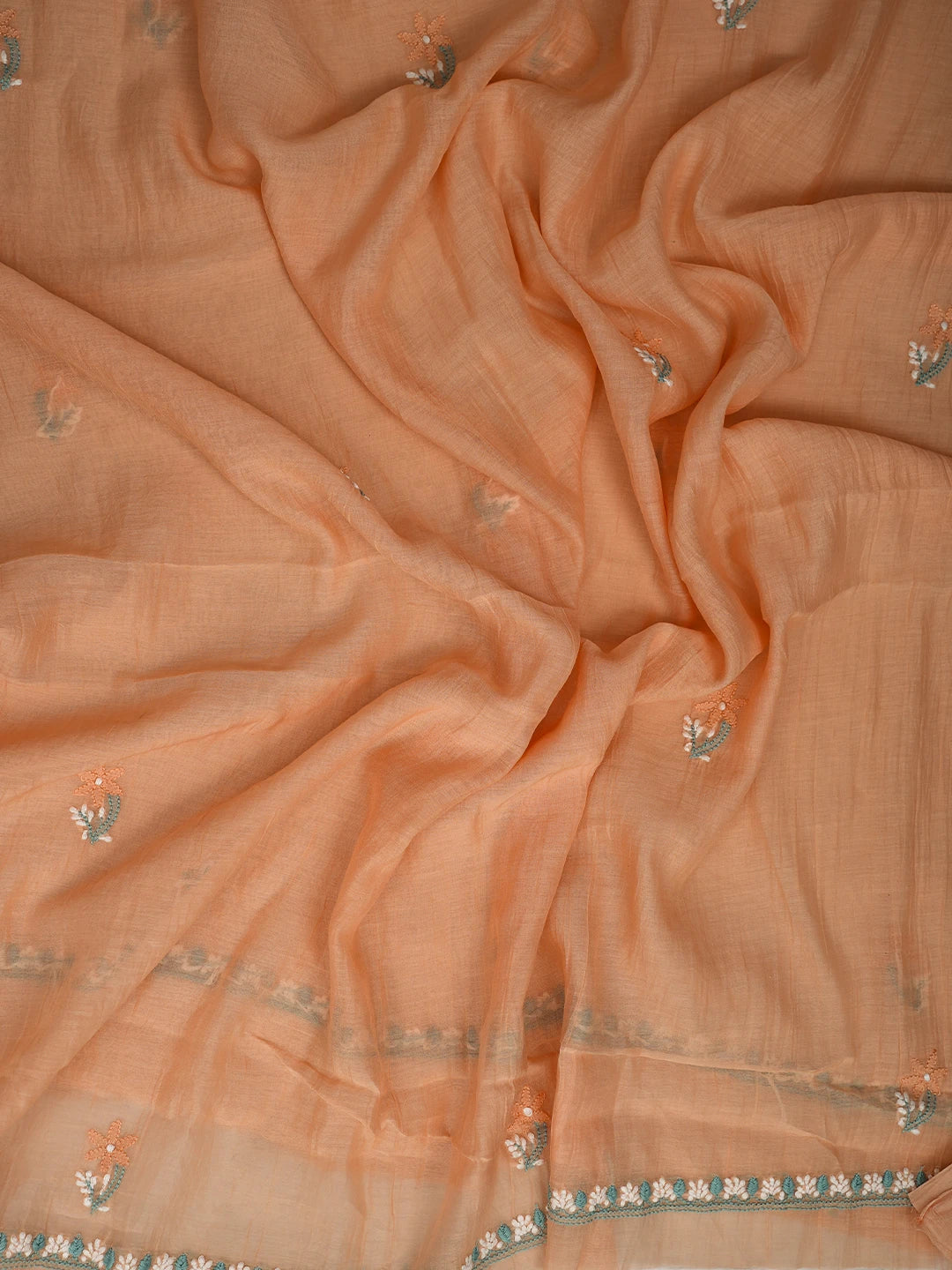 Ada Hand Embroidered Peach Chanderi Lucknowi Chikankari Unstitched Kurta Dupatta Set 01A722351