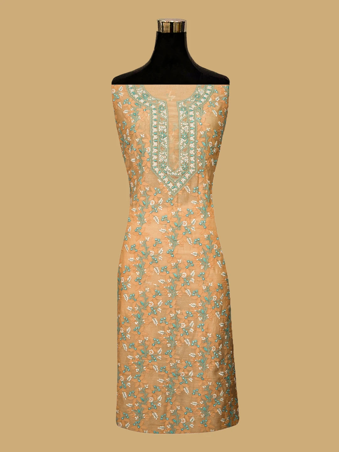 Ada Hand Embroidered Peach Chanderi Lucknowi Chikankari Unstitched Kurta Dupatta Set 01A722351