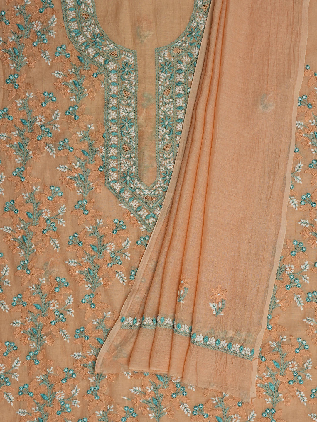 Ada Hand Embroidered Peach Chanderi Lucknowi Chikankari Unstitched Kurta Dupatta Set 01A722351