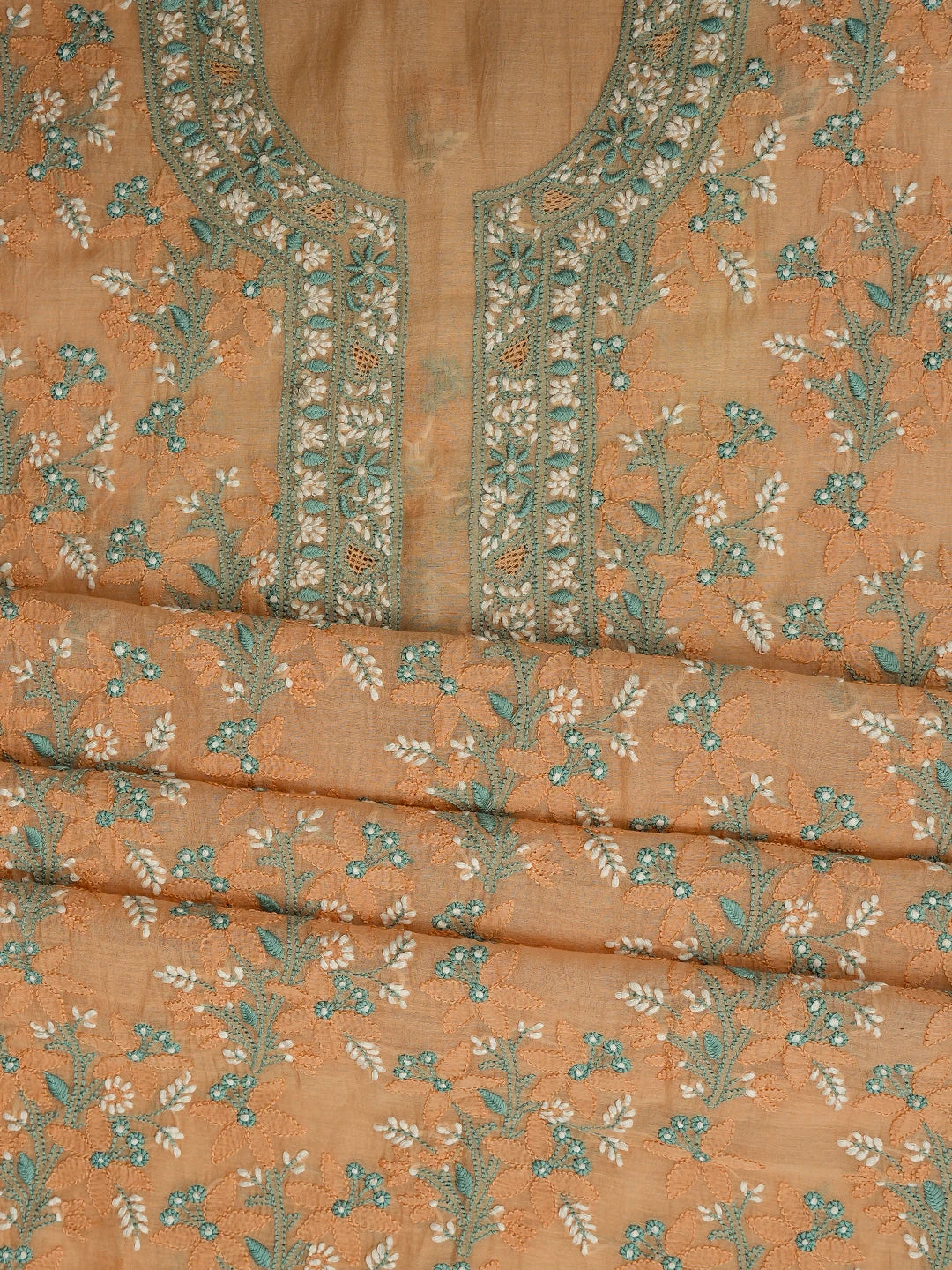 Ada Hand Embroidered Peach Chanderi Lucknowi Chikankari Unstitched Kurta Dupatta Set 01A722351