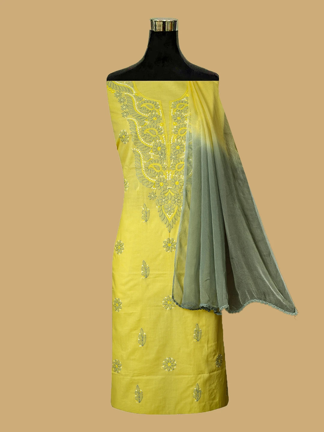 Ada Hand Embroidered Lemon Cotton Lucknowi Chikankari Unstitched Suit Piece 01A779598