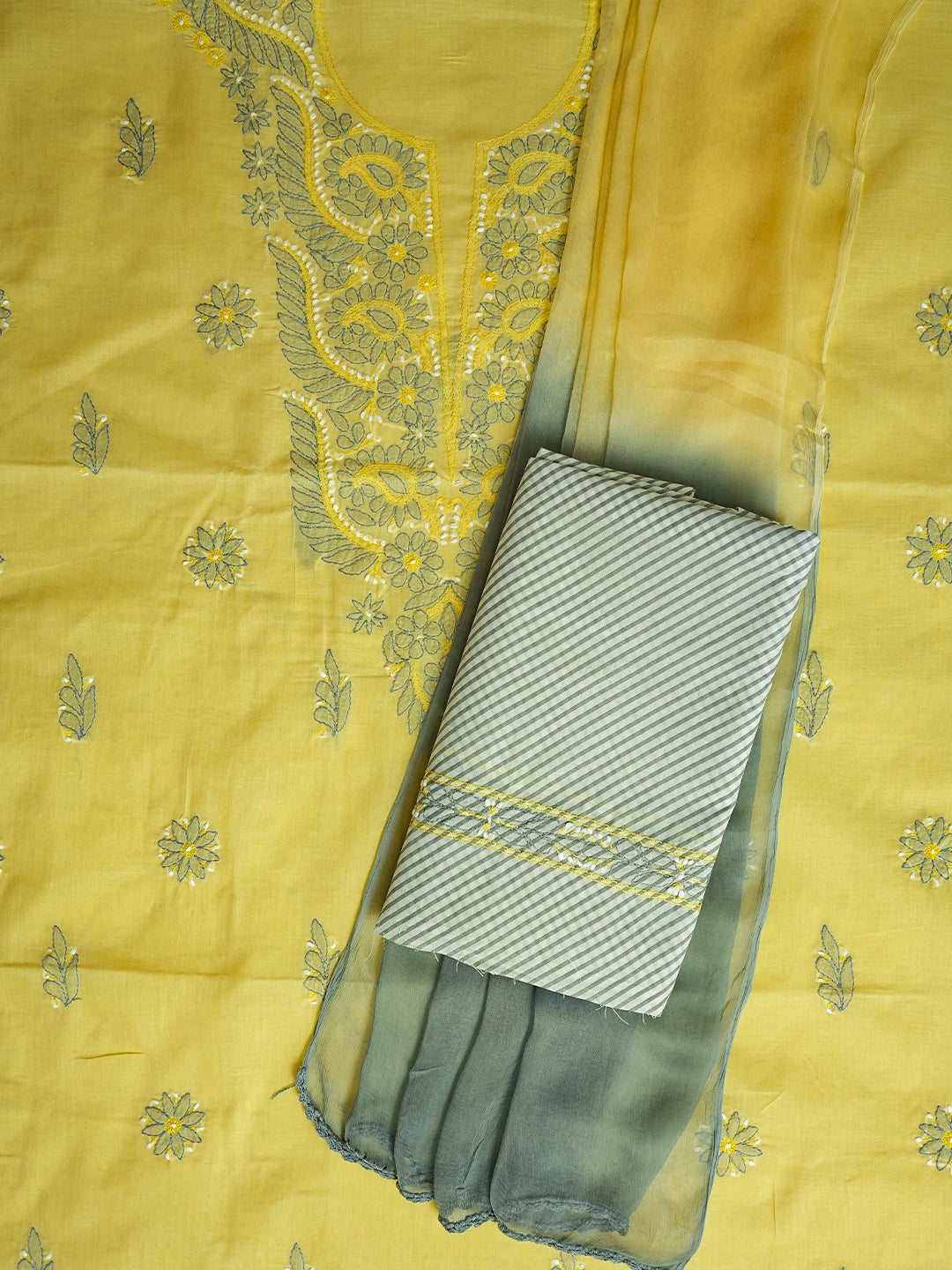 Ada Hand Embroidered Lemon Cotton Lucknowi Chikankari Unstitched Suit Piece 01A779598