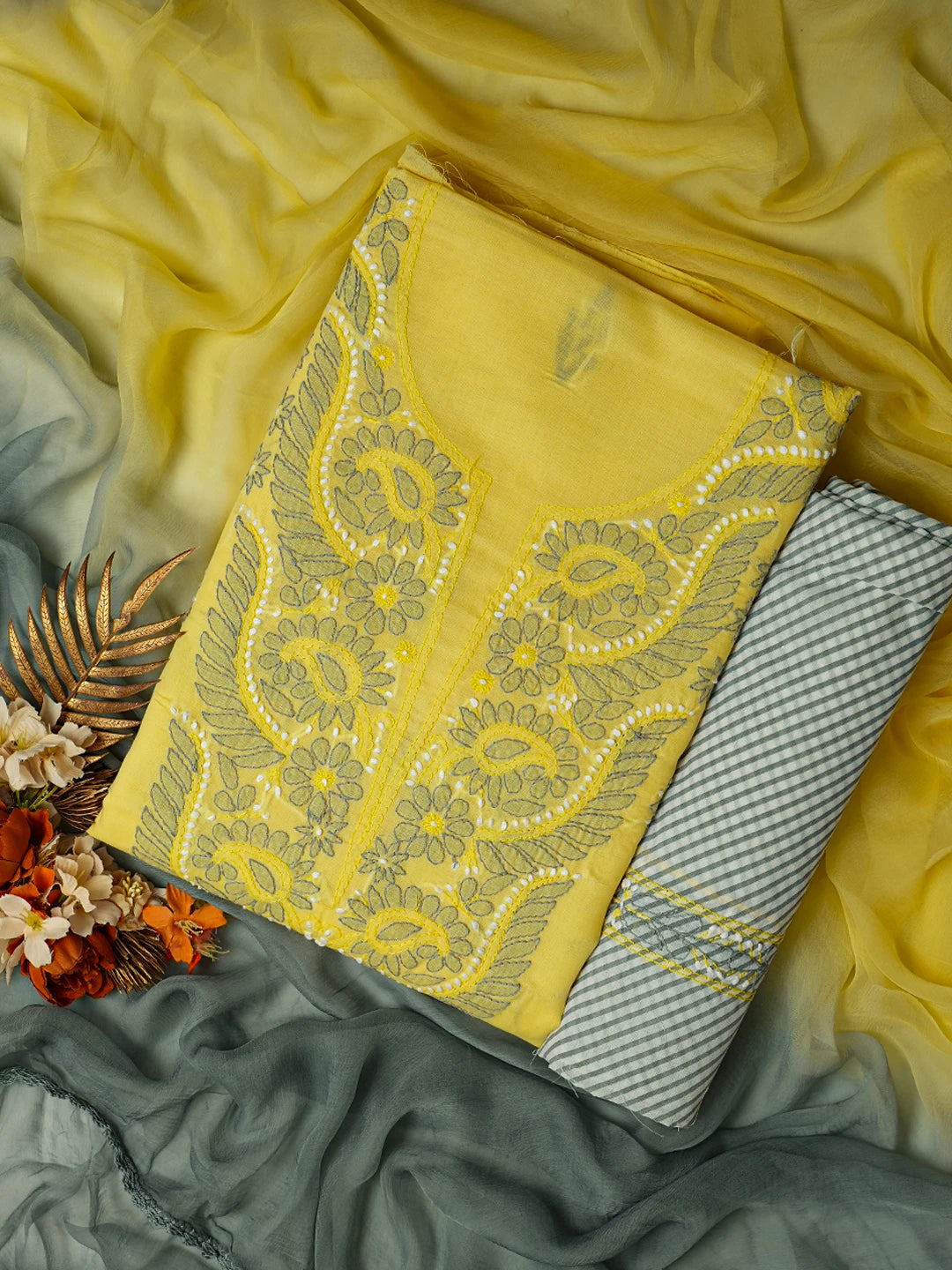 Ada Hand Embroidered Lemon Cotton Lucknowi Chikankari Unstitched Suit Piece 01A779598