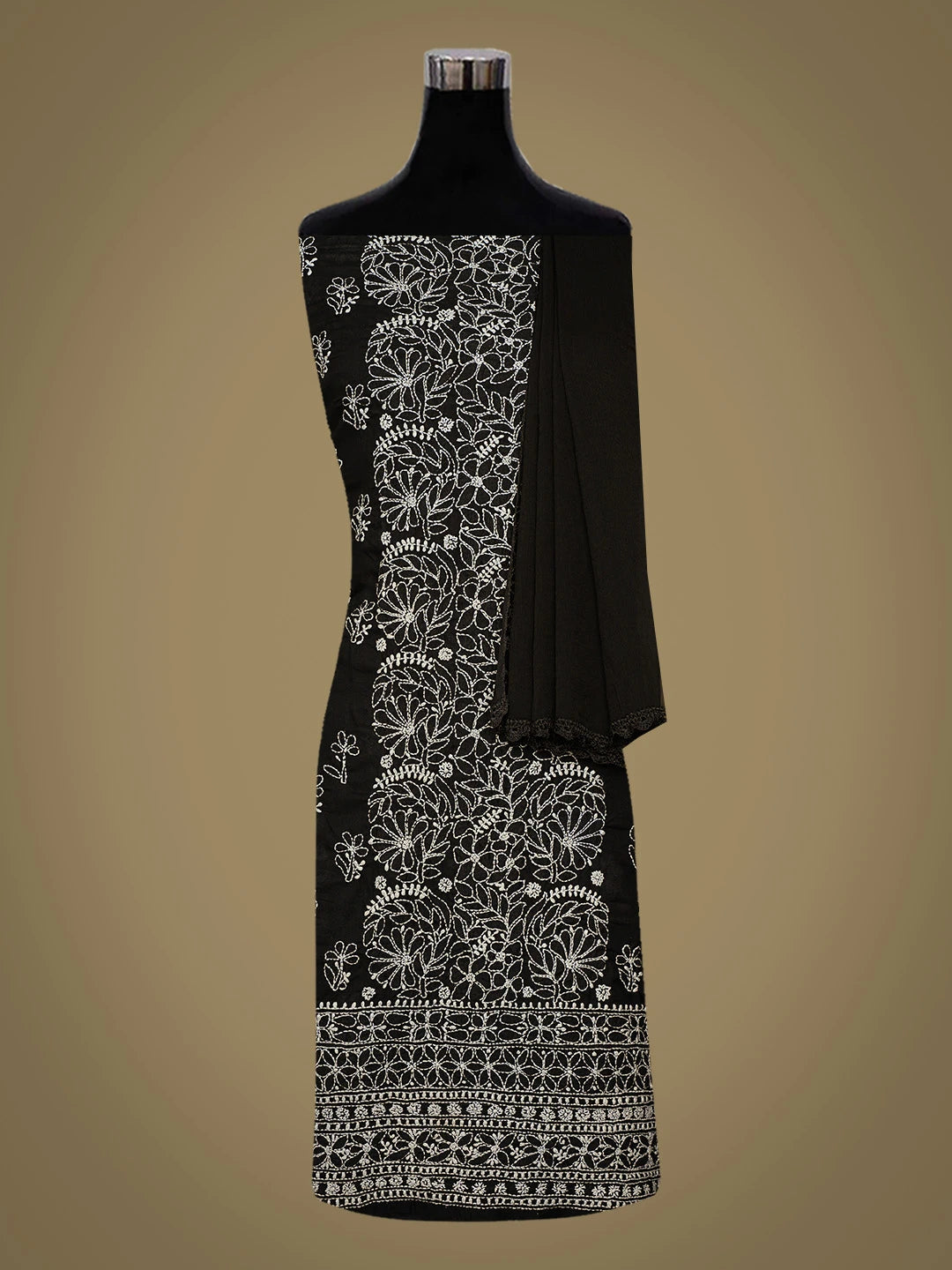 Ada Hand Embroidered Black Cotton Lucknowi Chikankari Unstitched Suit Piece 01A642842