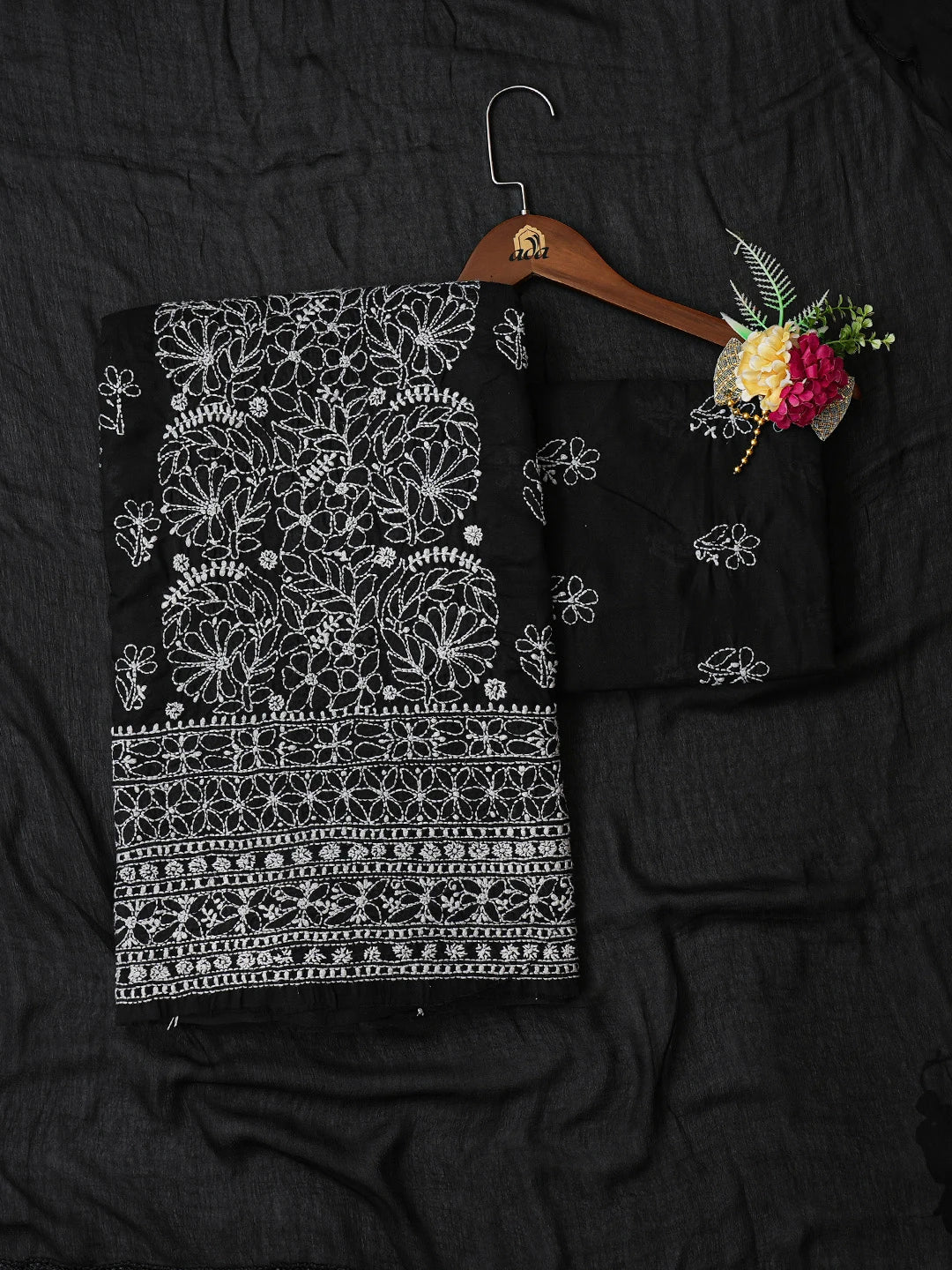 Ada Hand Embroidered Black Cotton Lucknowi Chikankari Unstitched Suit Piece 01A642842