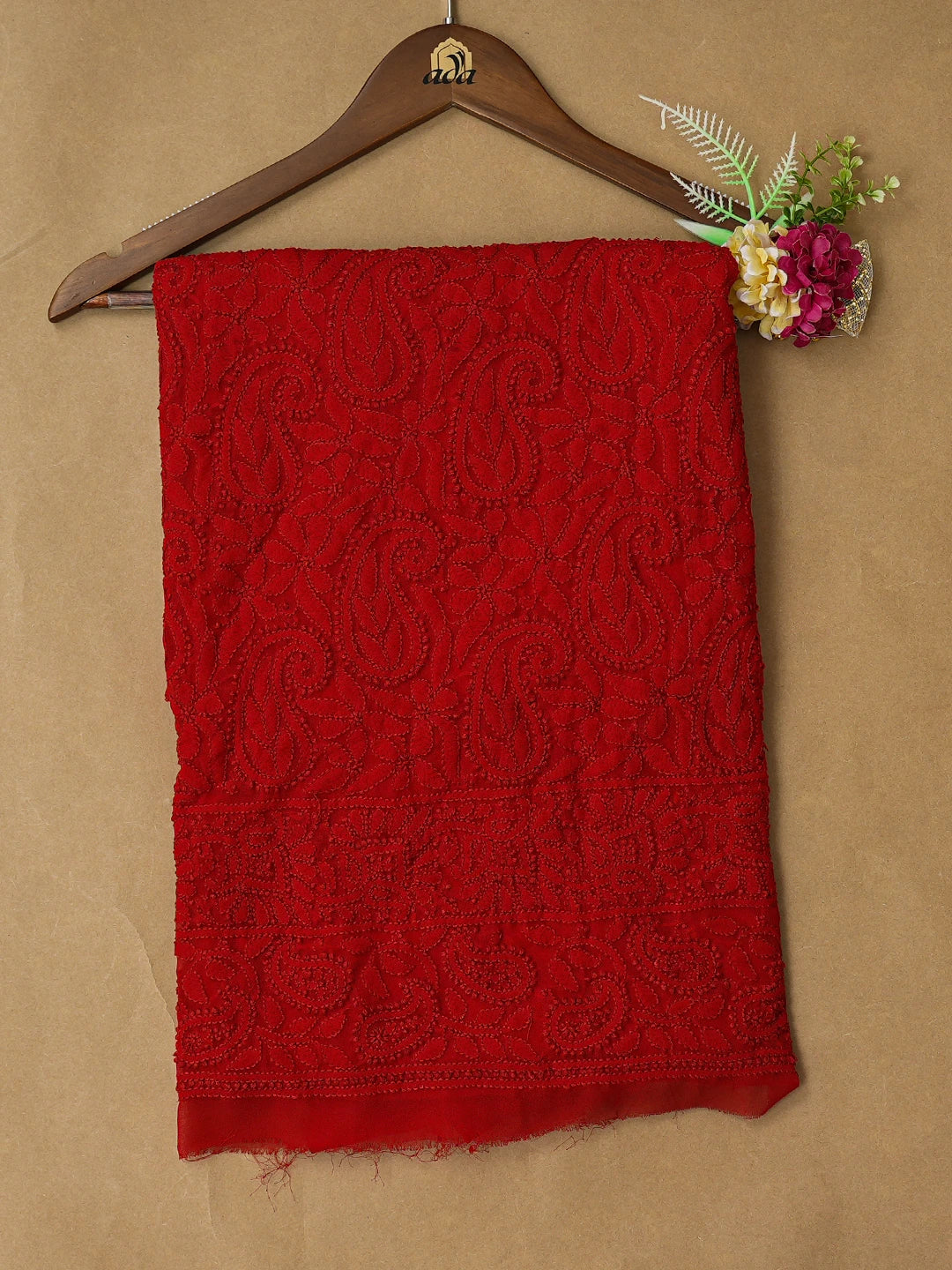 Ada Hand Embroidered Red Georgette Lucknowi Chikankari Unstitched Kurta Piece 01A779363
