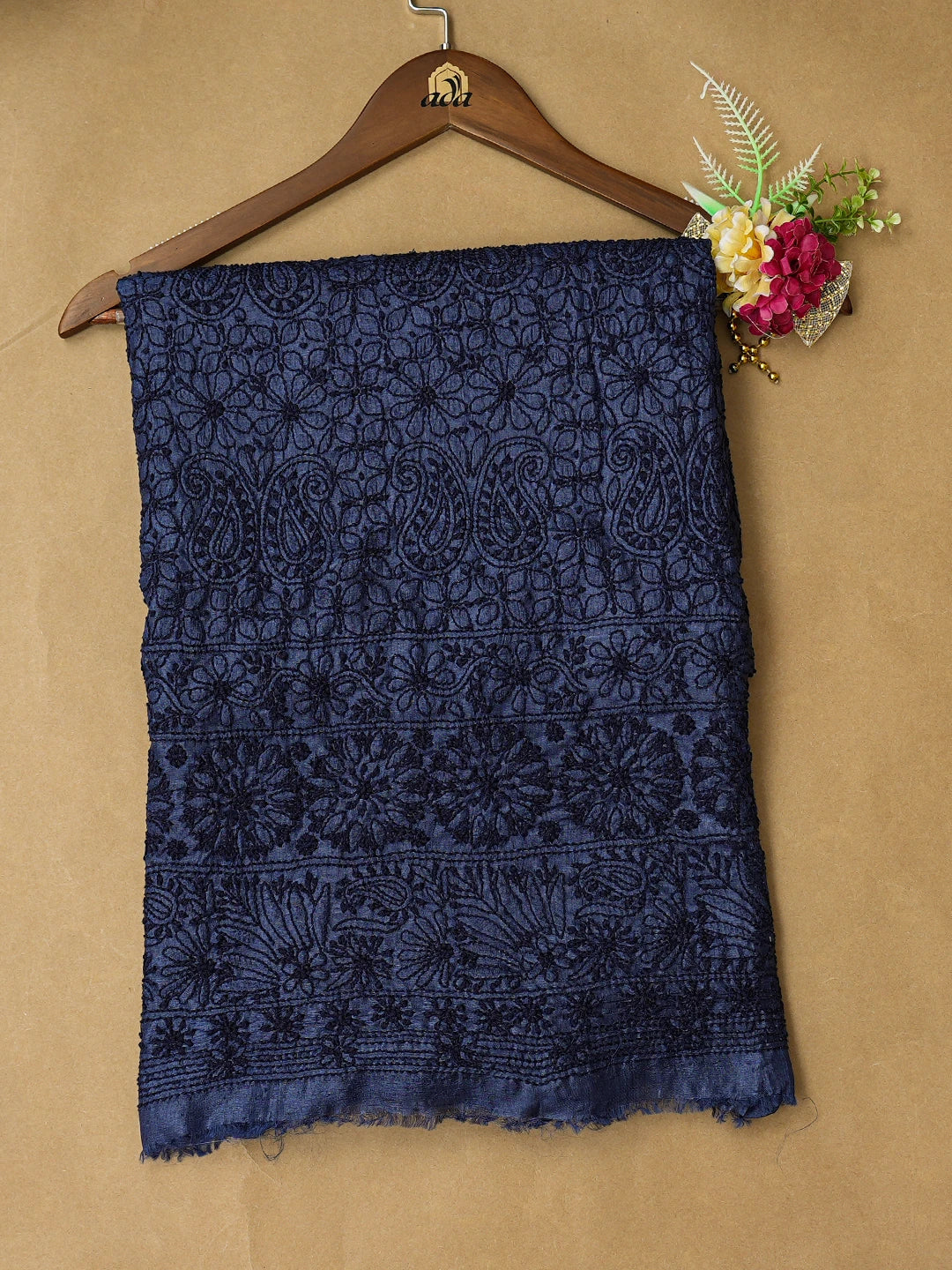 Ada Hand Embroidered Navy Blue Tussar Silk Lucknowi Chikankari Unstitched Kurta Piece 01A769159