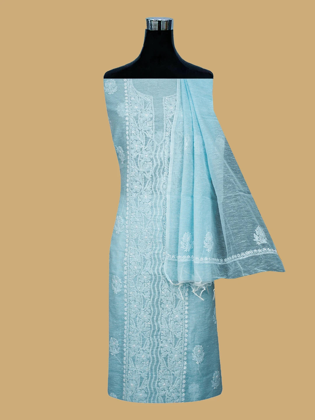 Ada Hand Embroidered Powder Blue Chanderi Lucknowi Chikankari Unstitched Kurta Dupatta Set 01A745082