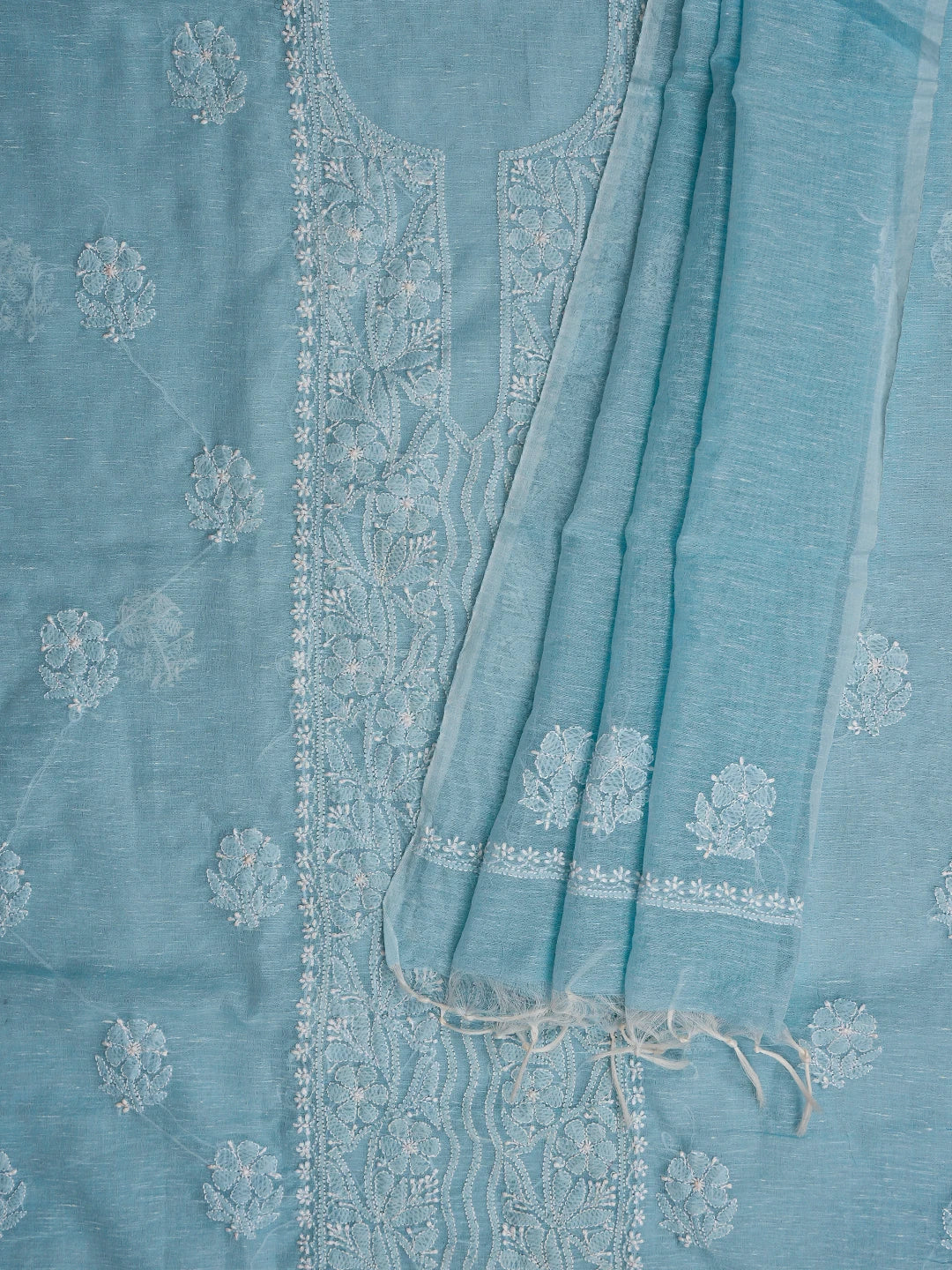 Ada Hand Embroidered Powder Blue Chanderi Lucknowi Chikankari Unstitched Kurta Dupatta Set 01A745082