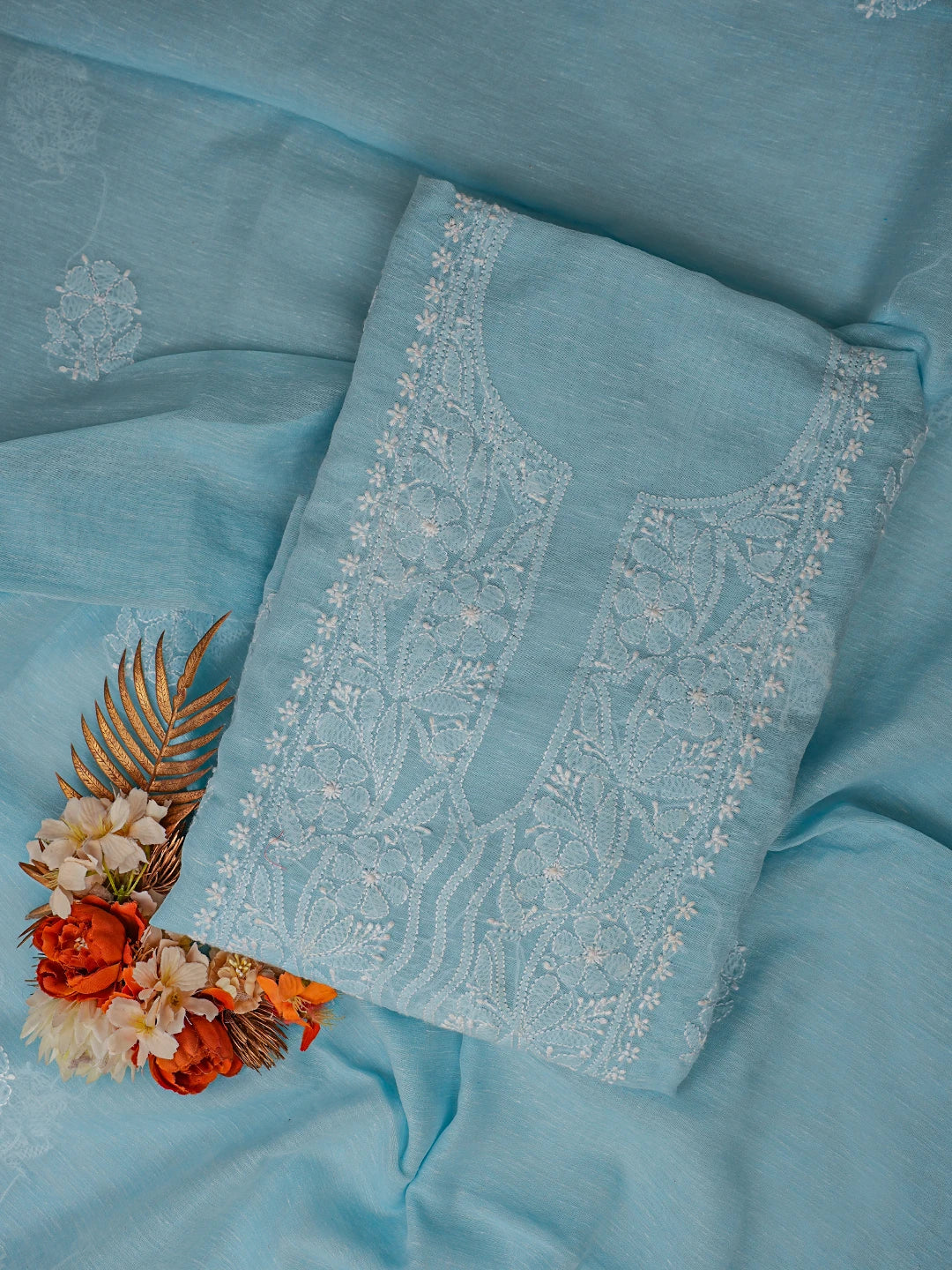 Ada Hand Embroidered Powder Blue Chanderi Lucknowi Chikankari Unstitched Kurta Dupatta Set 01A745082