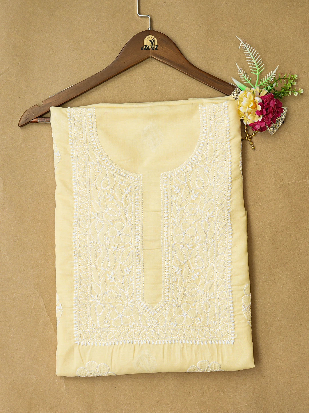 Ada Hand Embroidered Yellow Cotton Lucknowi Chikankari Unstitched Kurta Piece 01A772828