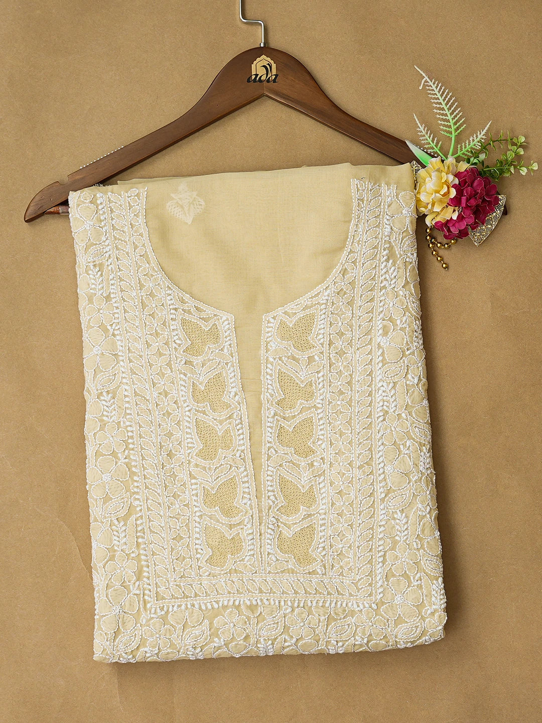 Ada Hand Embroidered Fawn Cotton Lucknowi Chikankari Unstitched Kurta Piece 01A773067
