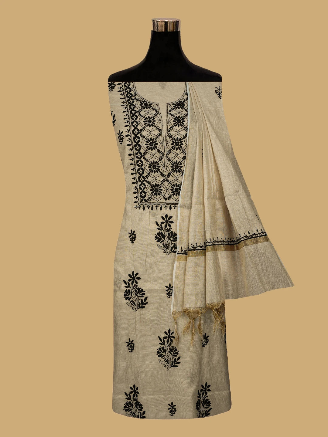 Ada Hand Embroidered Fawn Tissue Lucknowi Chikankari Unstitched Kurta Dupatta Set 01A778736