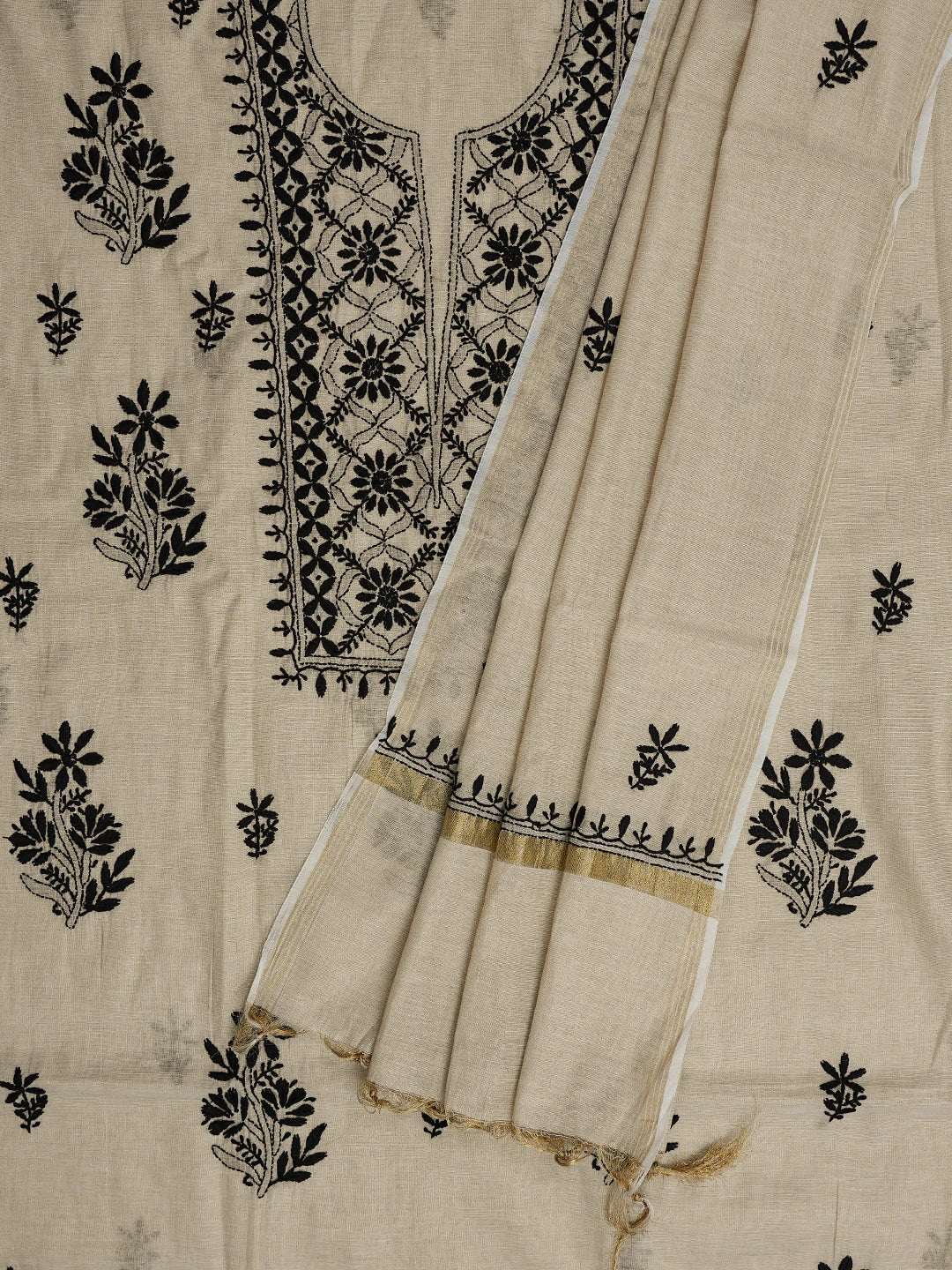 Ada Hand Embroidered Fawn Tissue Lucknowi Chikankari Unstitched Kurta Dupatta Set 01A778736