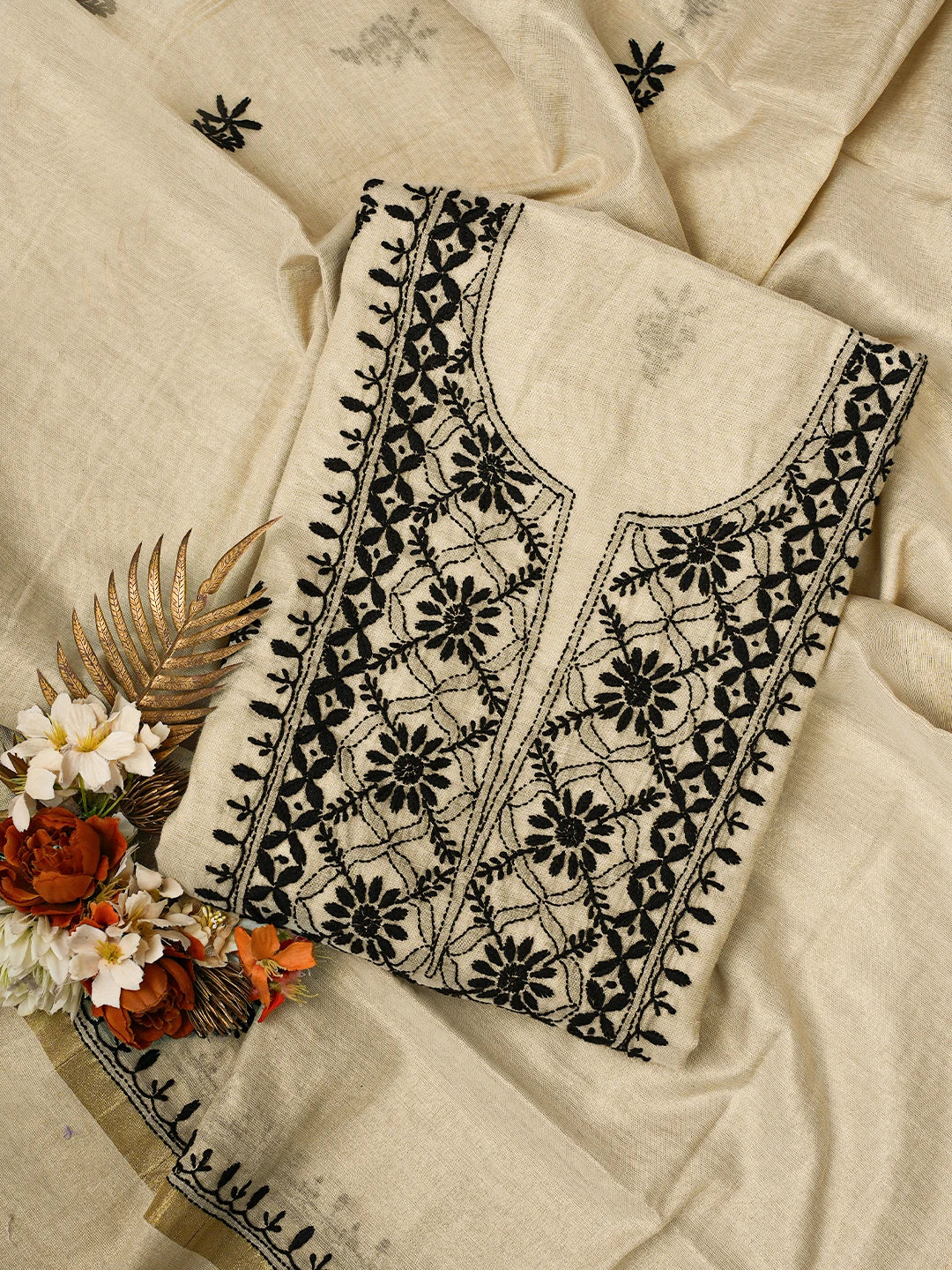 Ada Hand Embroidered Fawn Tissue Lucknowi Chikankari Unstitched Kurta Dupatta Set 01A778736