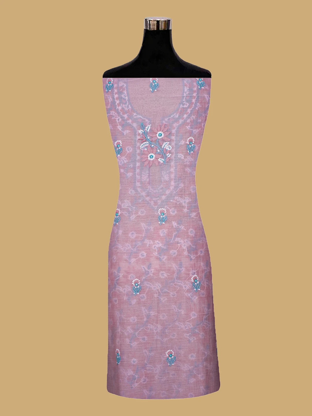 Ada Hand Embroidered Pink Chanderi  Lucknowi Chikankari Unstitched Kurta Dupatta Set 01A722353