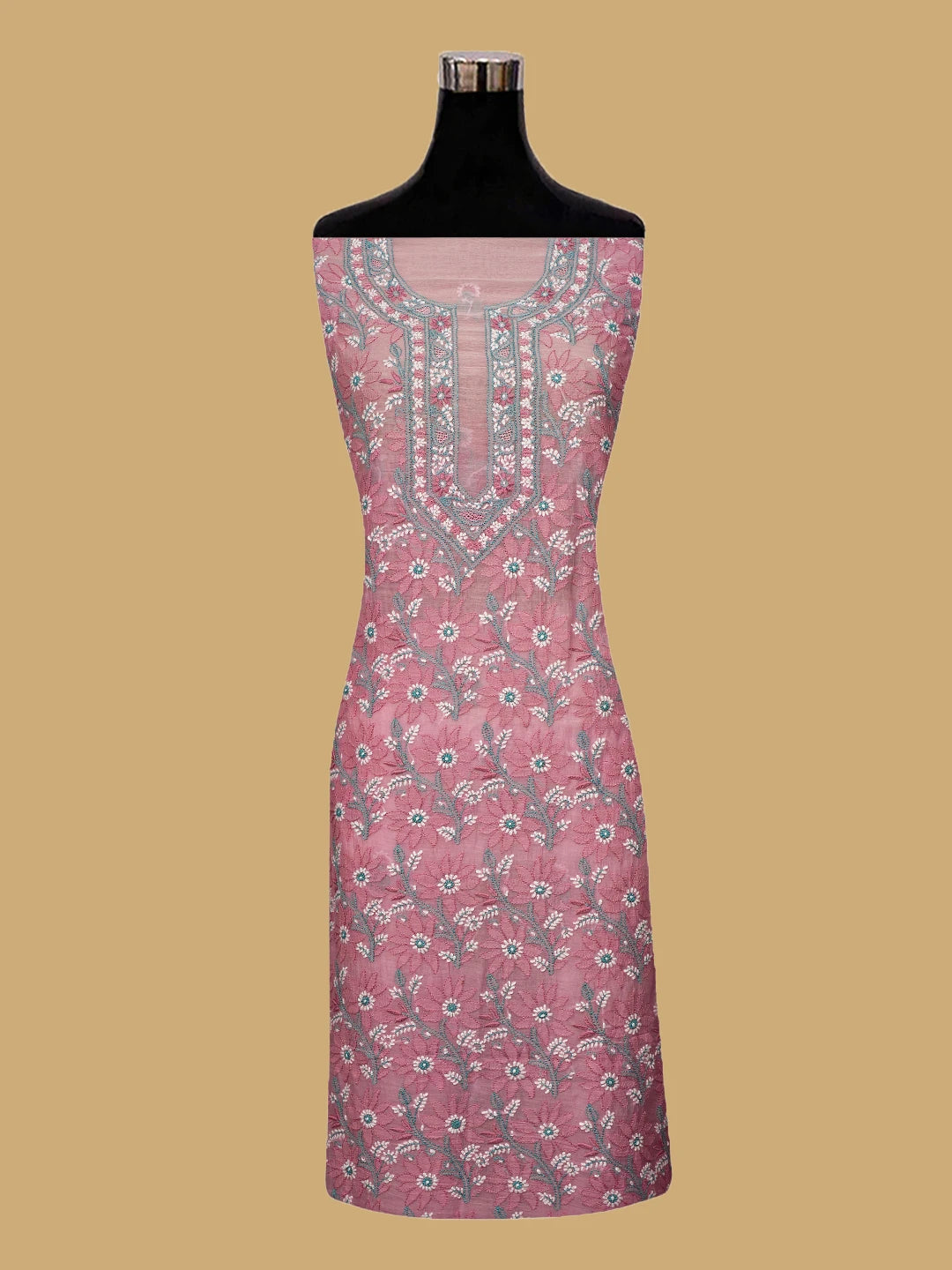 Ada Hand Embroidered Pink Chanderi  Lucknowi Chikankari Unstitched Kurta Dupatta Set 01A722353