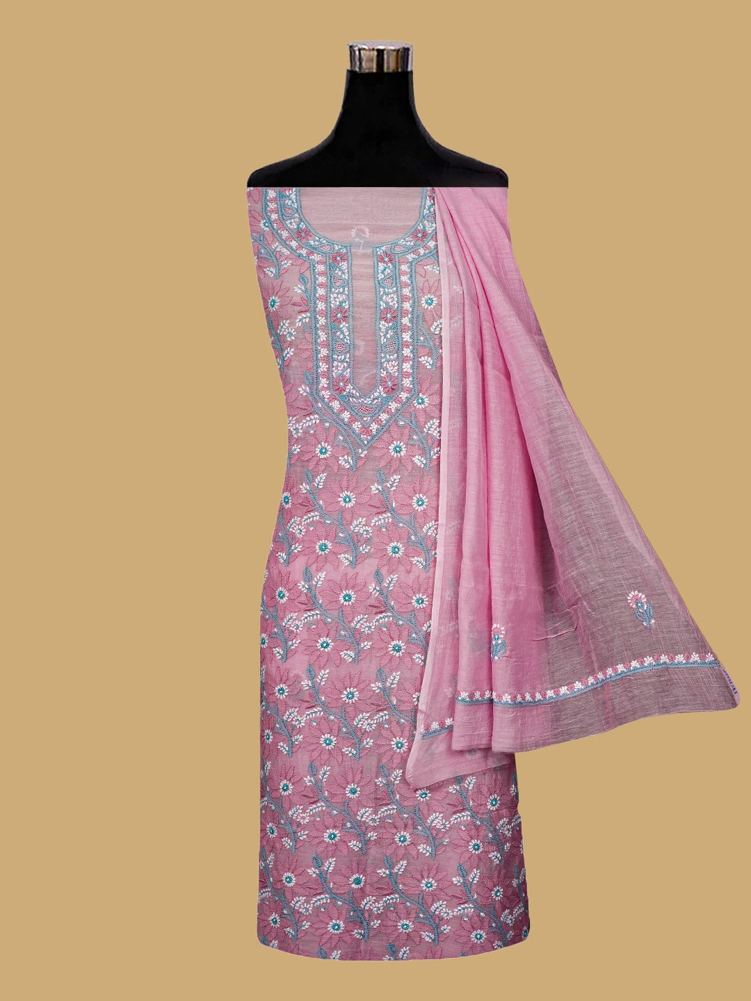 Ada Hand Embroidered Pink Chanderi  Lucknowi Chikankari Unstitched Kurta Dupatta Set 01A722353