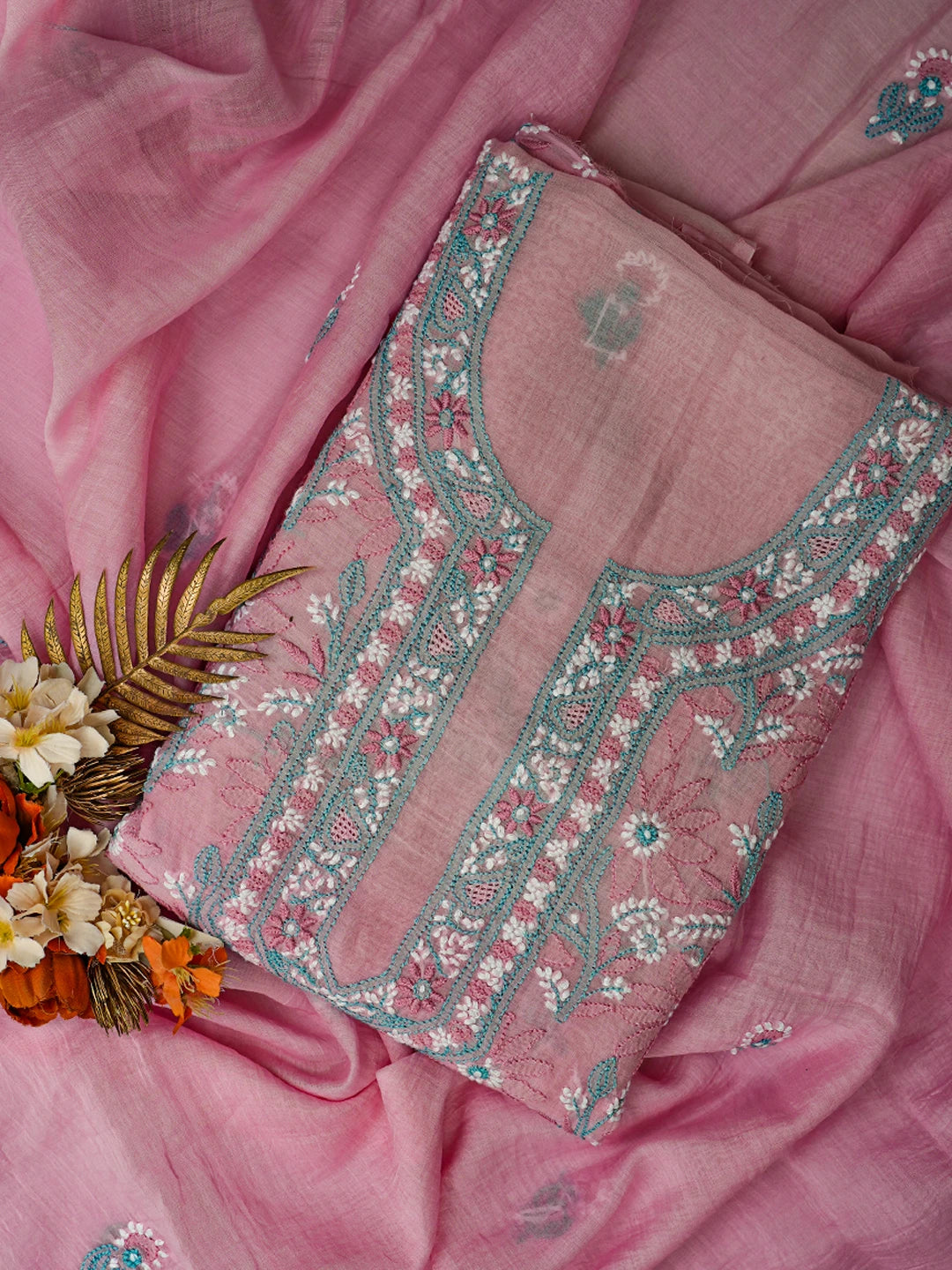 Ada Hand Embroidered Pink Chanderi  Lucknowi Chikankari Unstitched Kurta Dupatta Set 01A722353