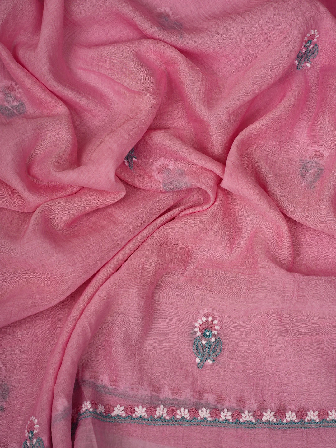 Ada Hand Embroidered Pink Chanderi  Lucknowi Chikankari Unstitched Kurta Dupatta Set 01A722353