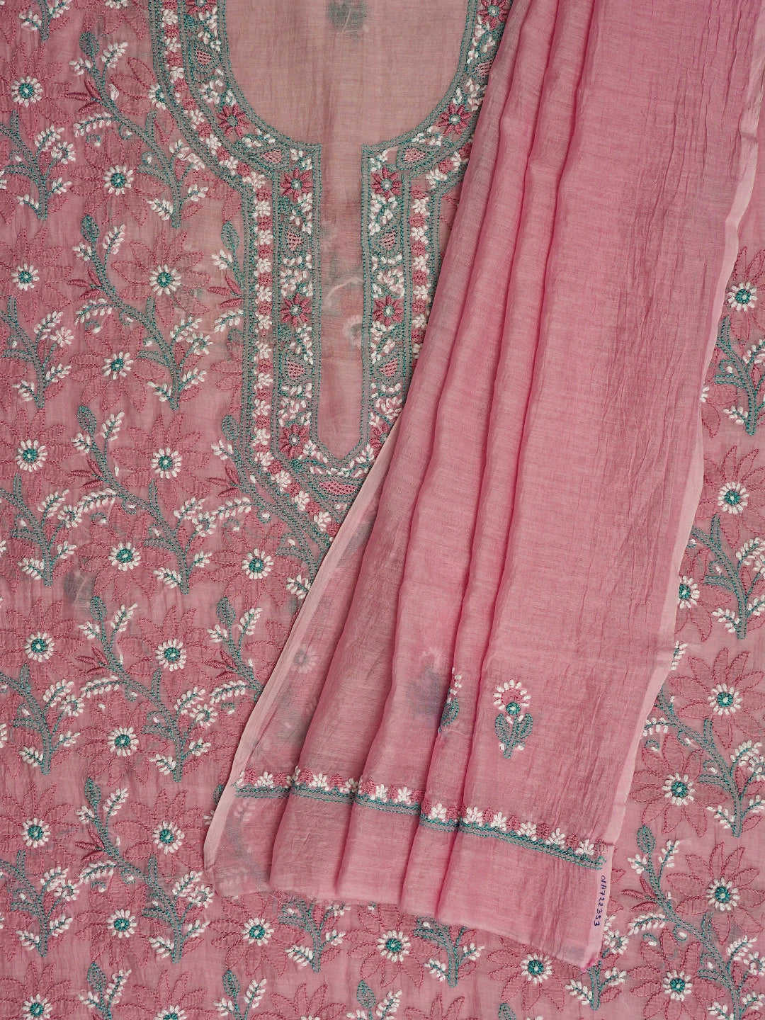 Ada Hand Embroidered Pink Chanderi  Lucknowi Chikankari Unstitched Kurta Dupatta Set 01A722353