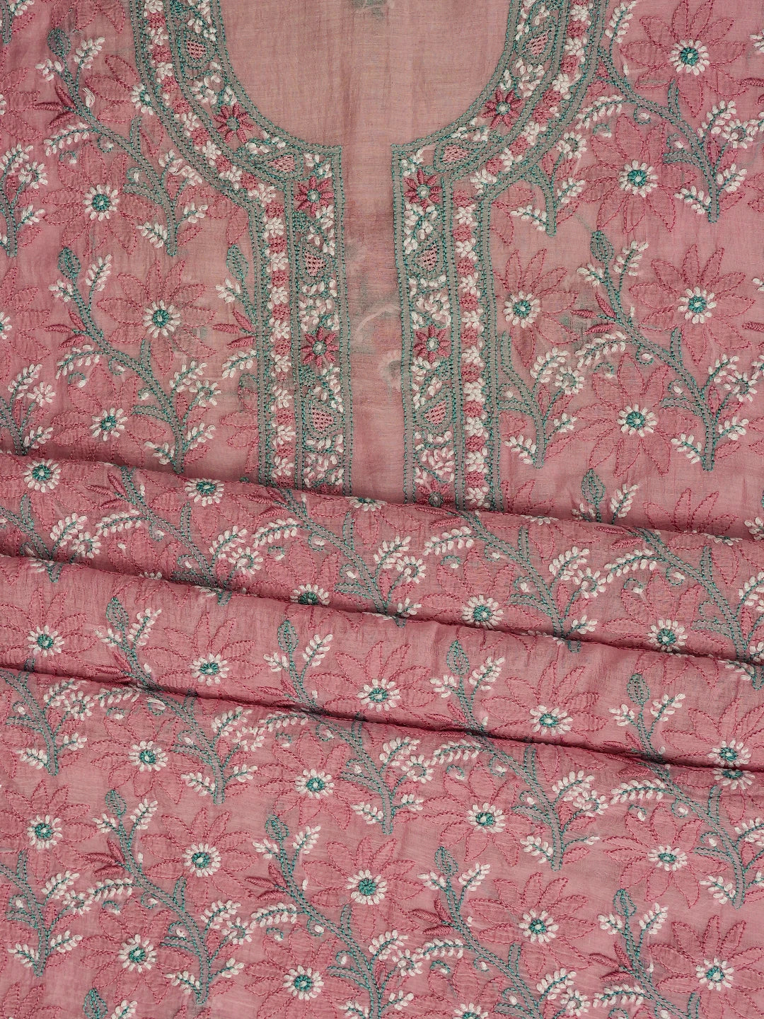 Ada Hand Embroidered Pink Chanderi  Lucknowi Chikankari Unstitched Kurta Dupatta Set 01A722353