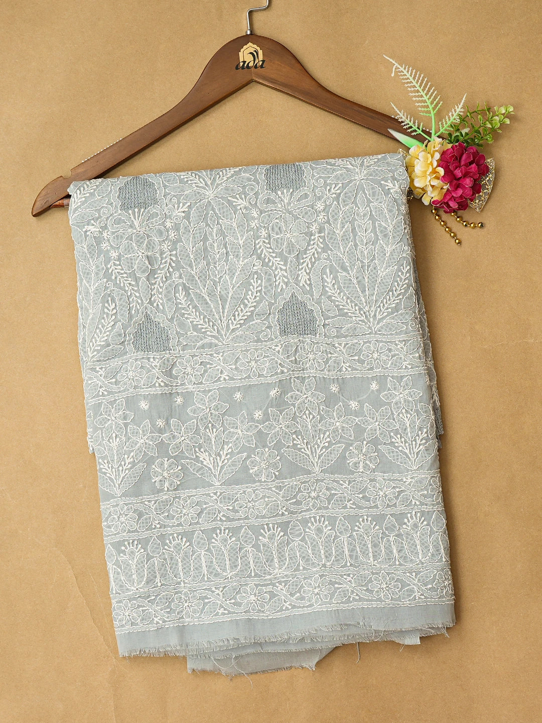 Ada Hand Embroidered Grey Cotton Lucknowi Chikankari Unstitched Kurta Piece 01A771864