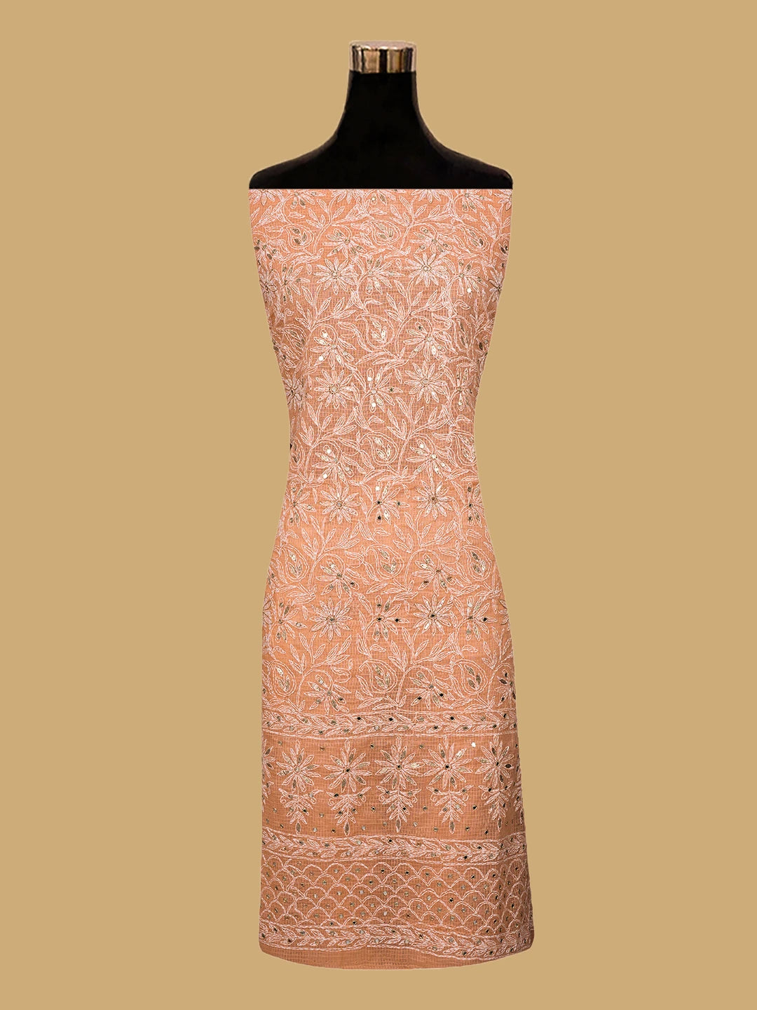 Ada Hand Embroidered Peach Kota Lucknowi Chikankari Unstitched Kurta Dupatta Set With Mirror Work 01A751104