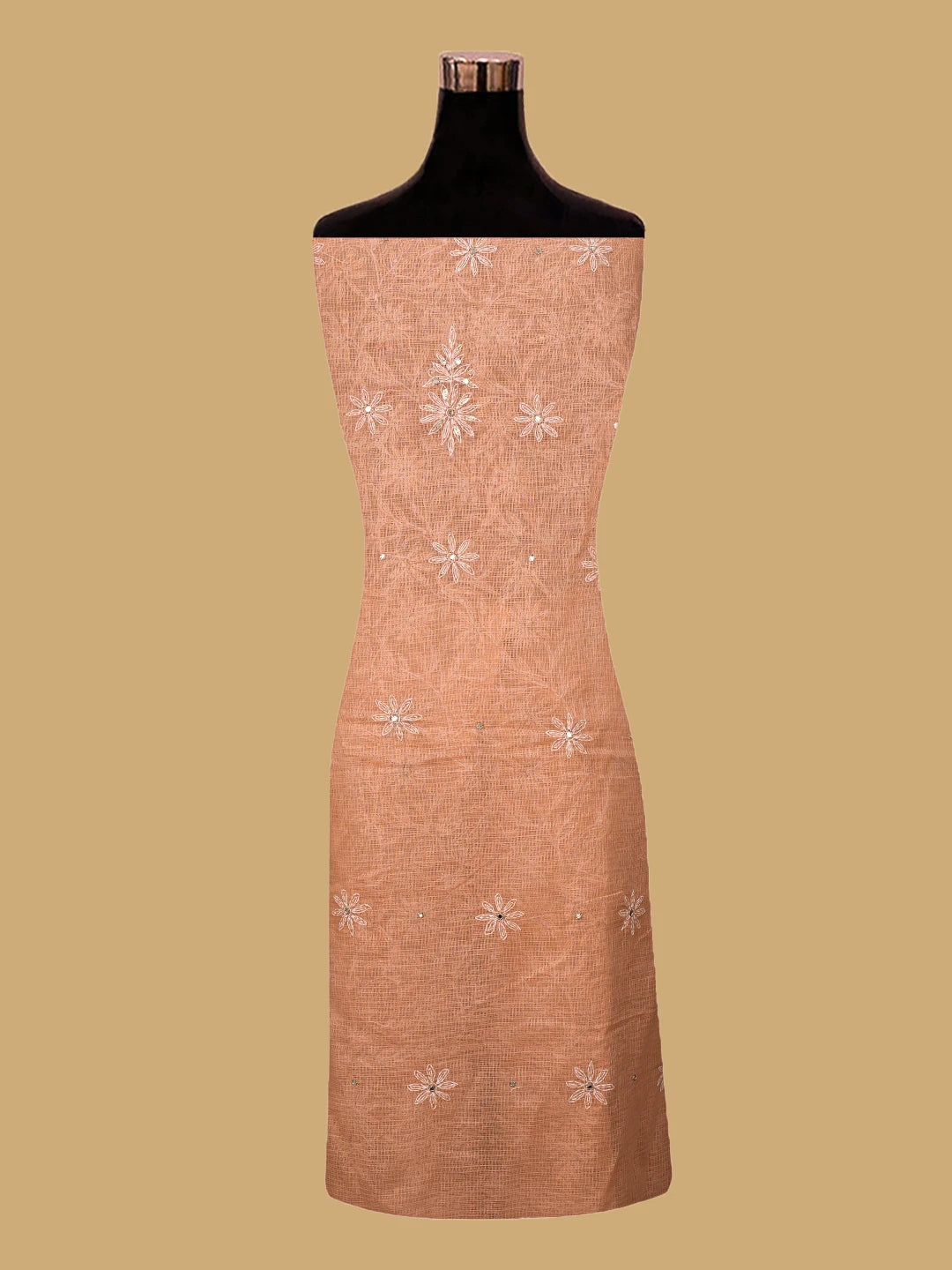 Ada Hand Embroidered Peach Kota Lucknowi Chikankari Unstitched Kurta Dupatta Set With Mirror Work 01A751104