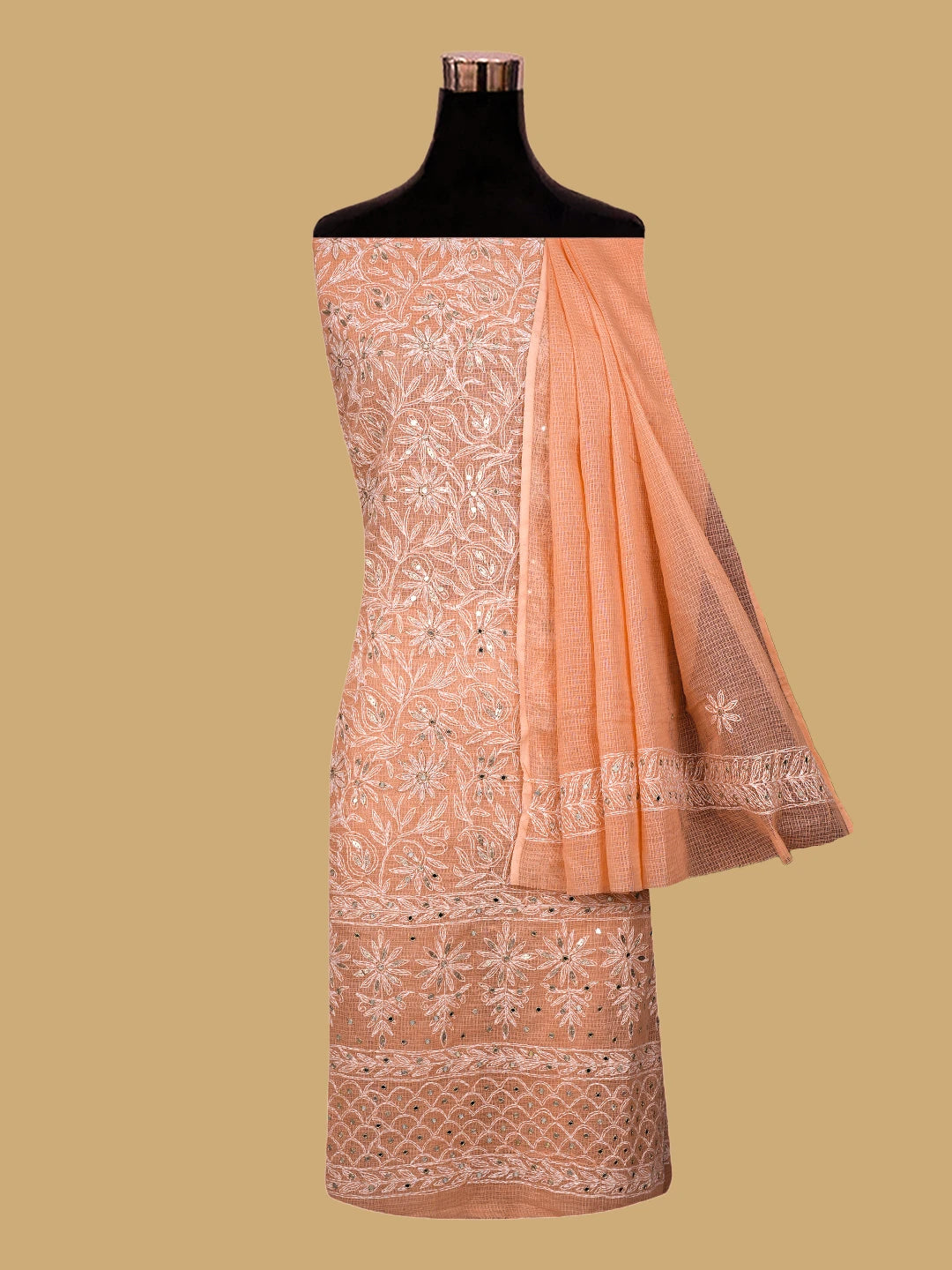 Ada Hand Embroidered Peach Kota Lucknowi Chikankari Unstitched Kurta Dupatta Set With Mirror Work 01A751104
