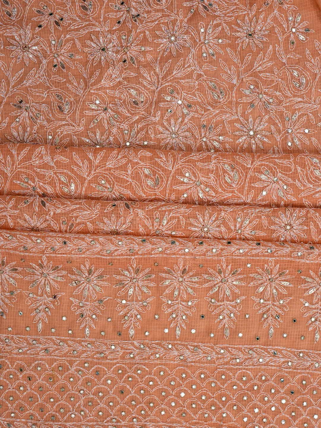 Ada Hand Embroidered Peach Kota Lucknowi Chikankari Unstitched Kurta Dupatta Set With Mirror Work 01A751104