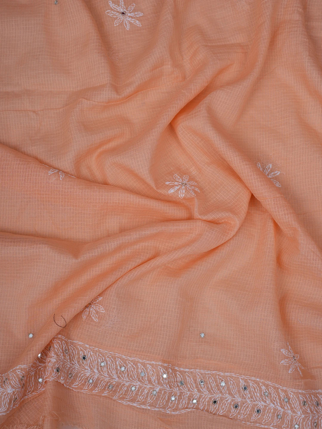 Ada Hand Embroidered Peach Kota Lucknowi Chikankari Unstitched Kurta Dupatta Set With Mirror Work 01A751104