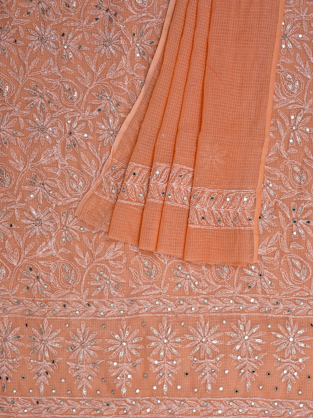 Ada Hand Embroidered Peach Kota Lucknowi Chikankari Unstitched Kurta Dupatta Set With Mirror Work 01A751104