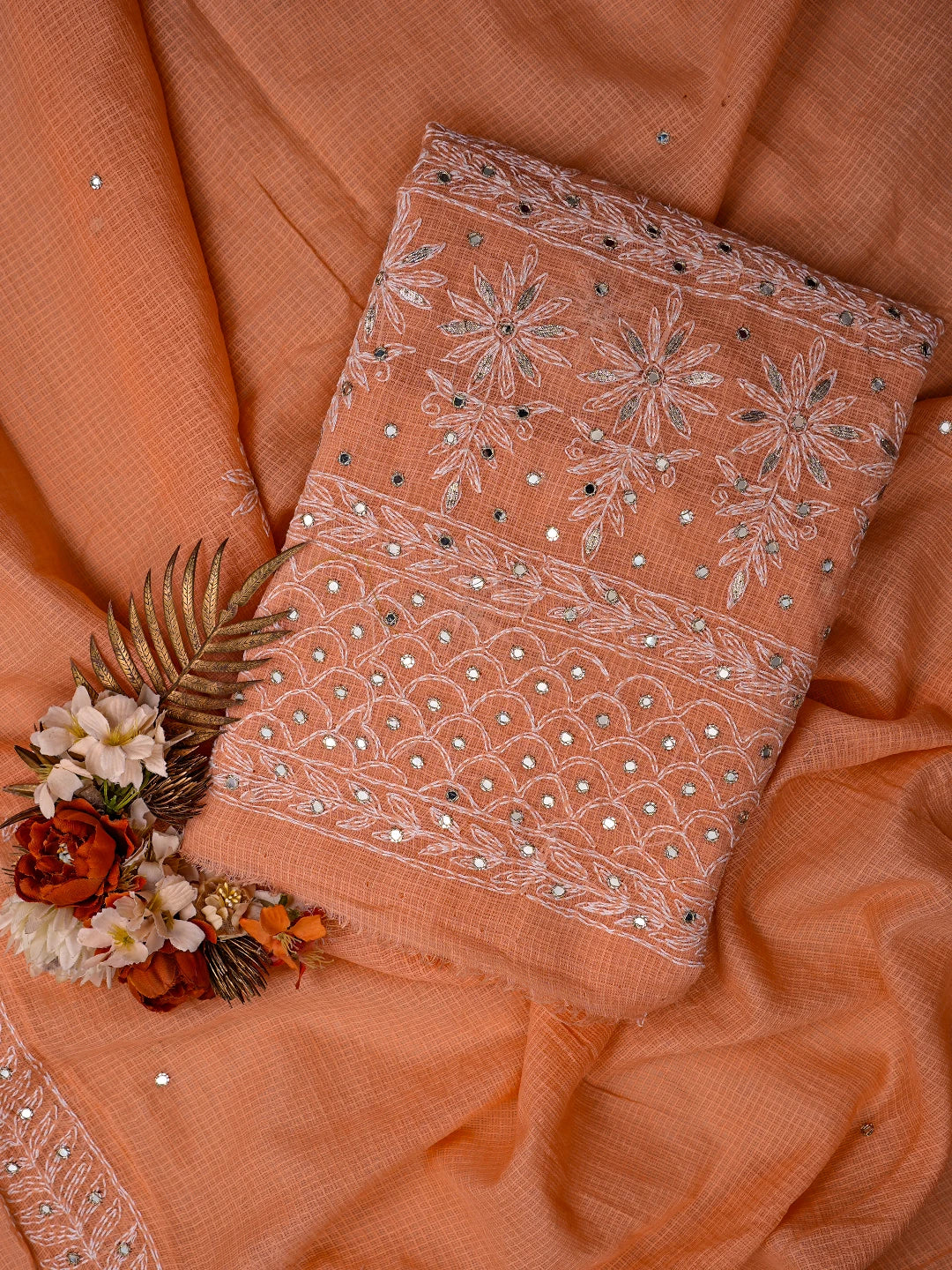 Ada Hand Embroidered Peach Kota Lucknowi Chikankari Unstitched Kurta Dupatta Set With Mirror Work 01A751104