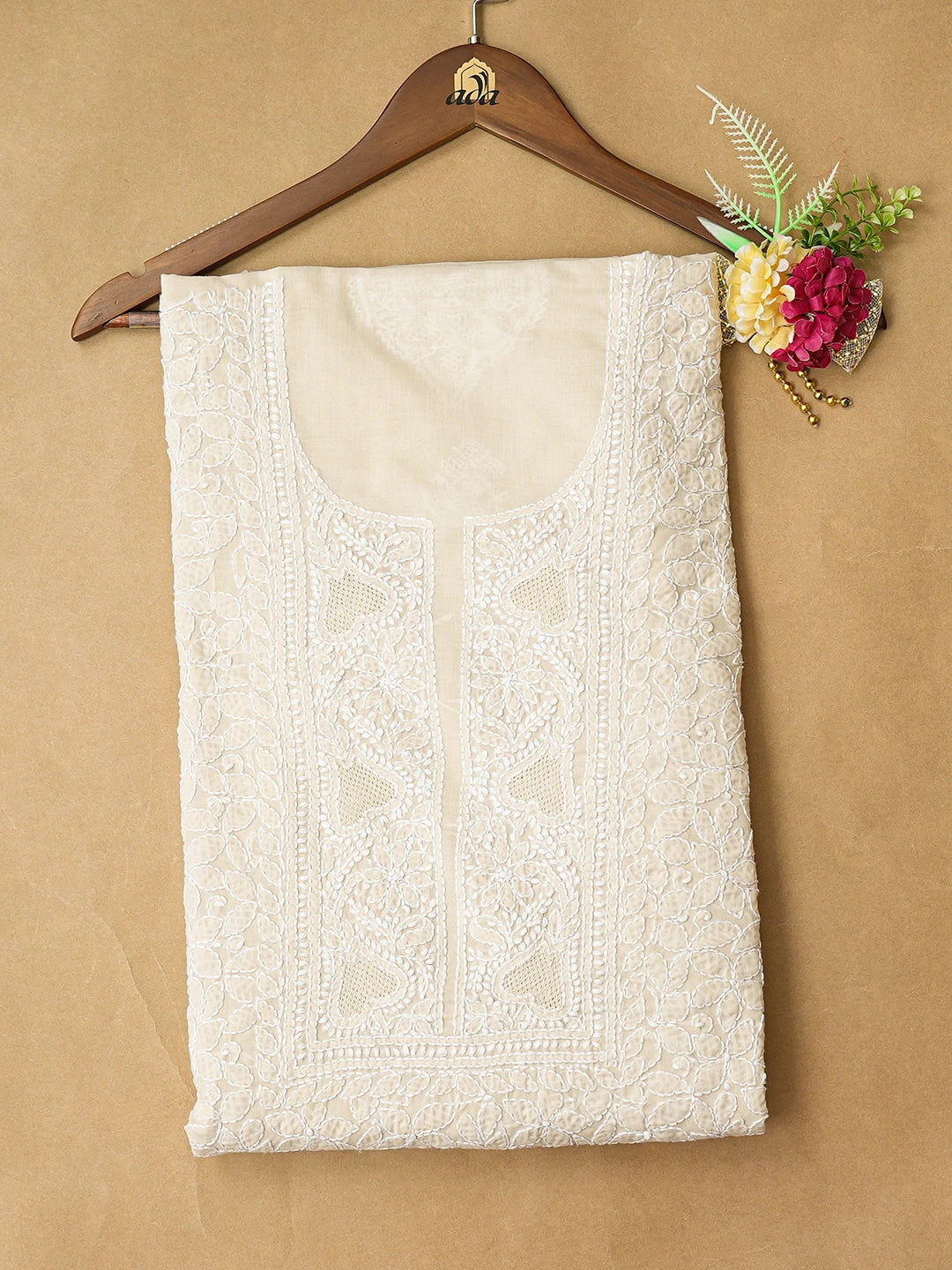 Ada Hand Embroidered Fawn Cotton Lucknowi Chikankari Unstitched Kurta Piece 01A773051