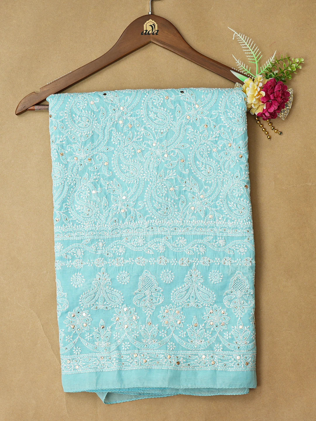 Ada Hand Embroidered Blue Cotton Lucknowi Chikankari Unstitched Kurta Piece With Mukaish Work 01A711943