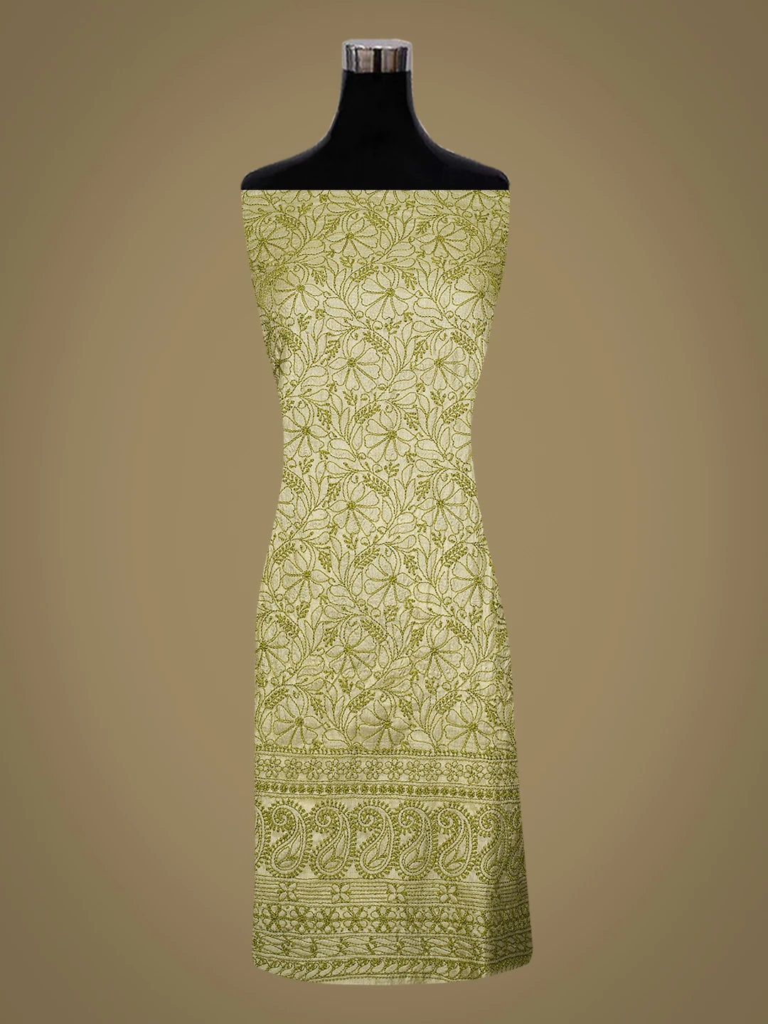 Ada Hand Embroidered Pista Green Tussar Silk Lucknowi Chikankari Unstitched Kurta Piece 01A769162