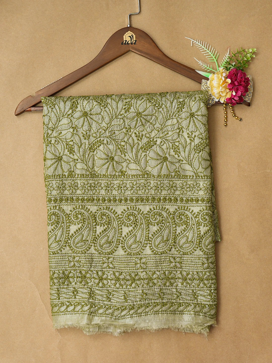 Ada Hand Embroidered Pista Green Tussar Silk Lucknowi Chikankari Unstitched Kurta Piece 01A769162
