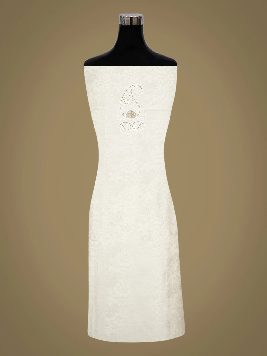 Ada Hand Embroidered White Chanderi Lucknowi Chikankari Unstitched Kurta Piece With Mirror Work 01A185530