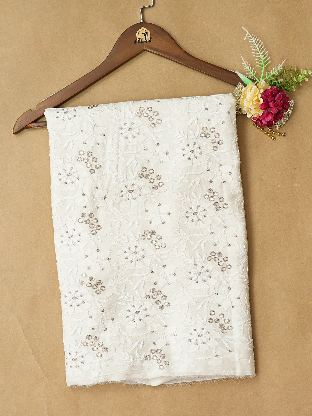 Ada Hand Embroidered White Chanderi Lucknowi Chikankari Unstitched Kurta Piece With Mirror Work 01A185530