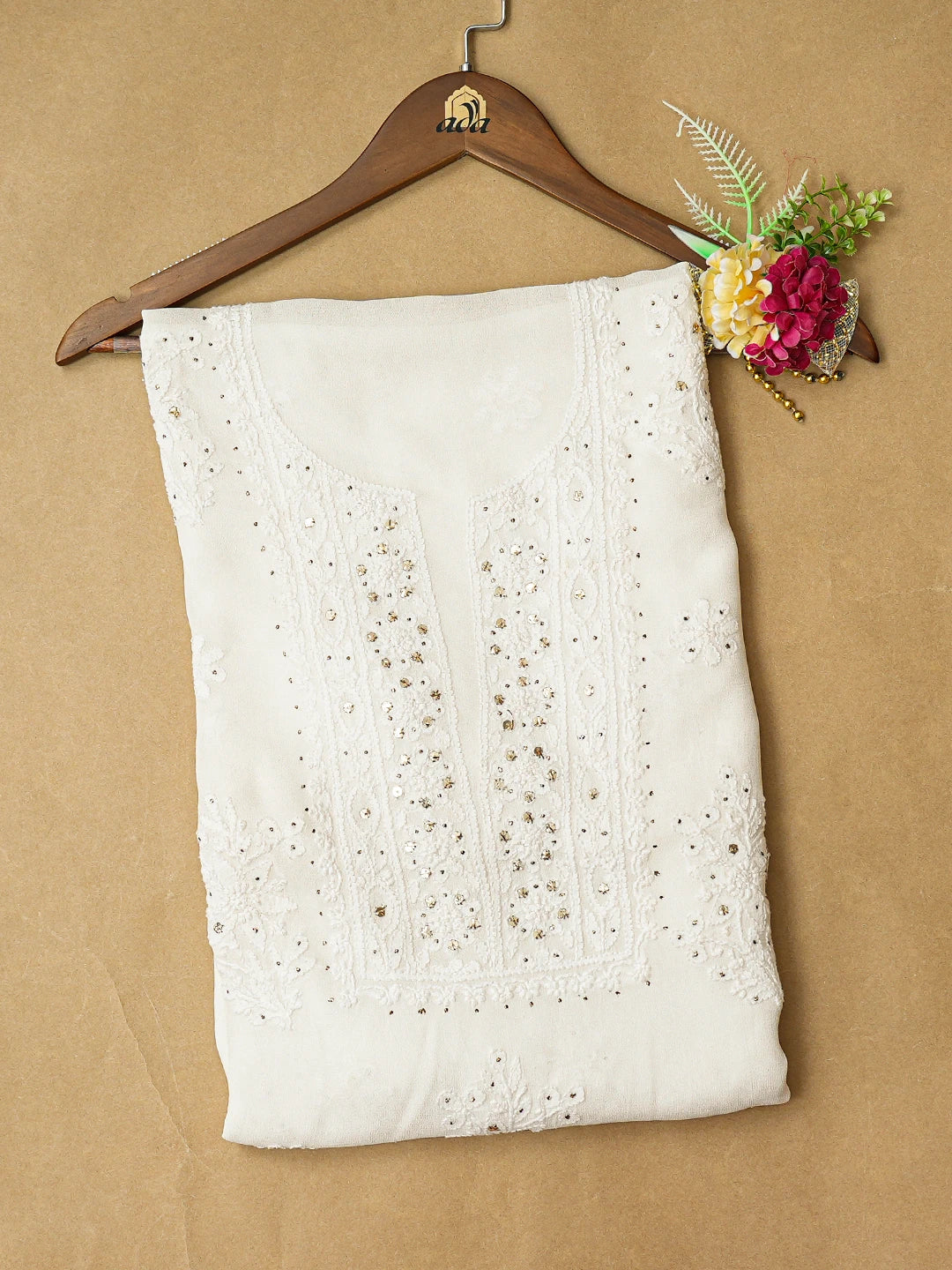 Ada Hand Embroidered White Viscose Georgette Lucknowi Chikankari Unstitched Kurta Piece With Mukaish Work 01A308692