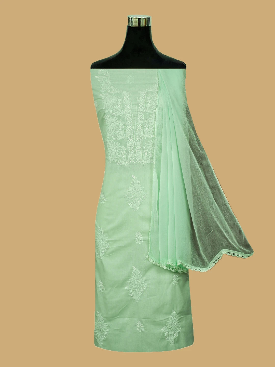 Ada Hand Embroidered Light Green Cotton Lucknowi Chikankari Unstitched Suit Set 01A773549