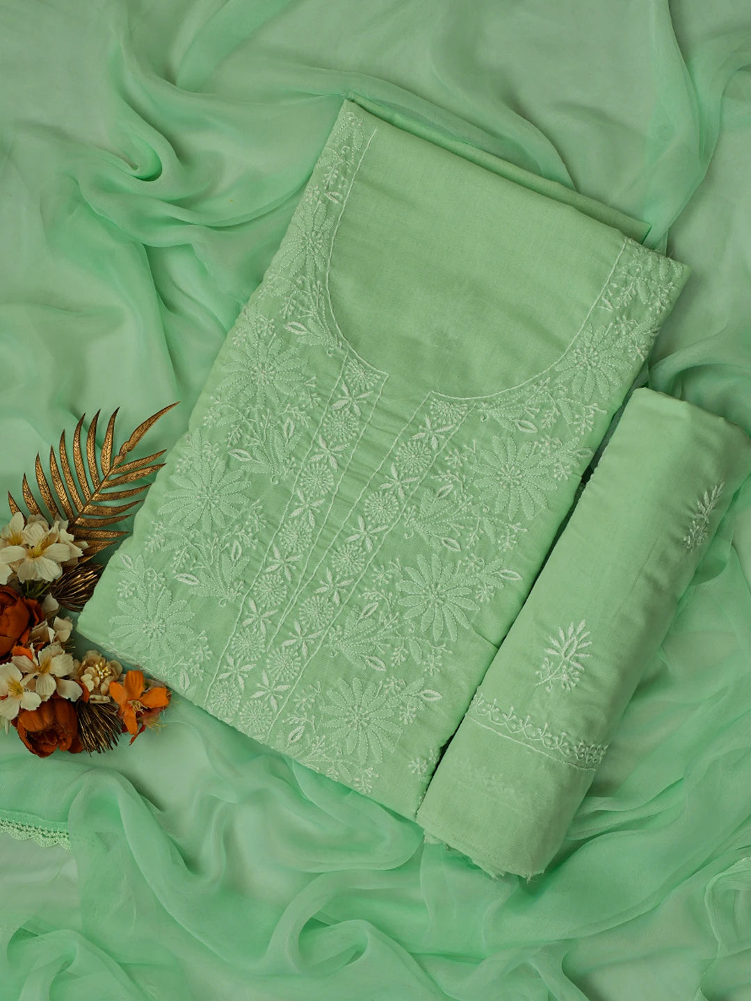 Ada Hand Embroidered Light Green Cotton Lucknowi Chikankari Unstitched Suit Set 01A773549