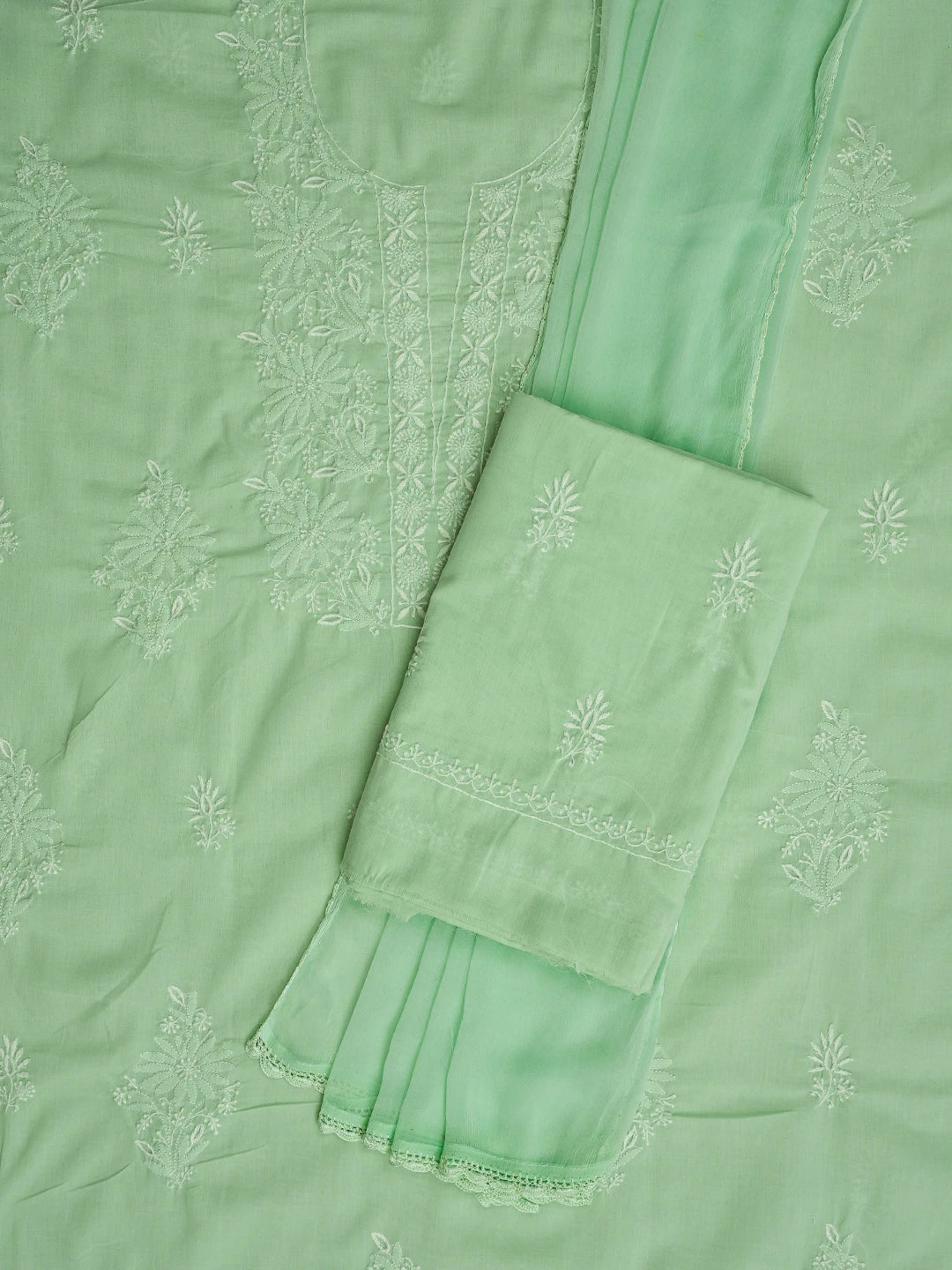 Ada Hand Embroidered Light Green Cotton Lucknowi Chikankari Unstitched Suit Set 01A773549
